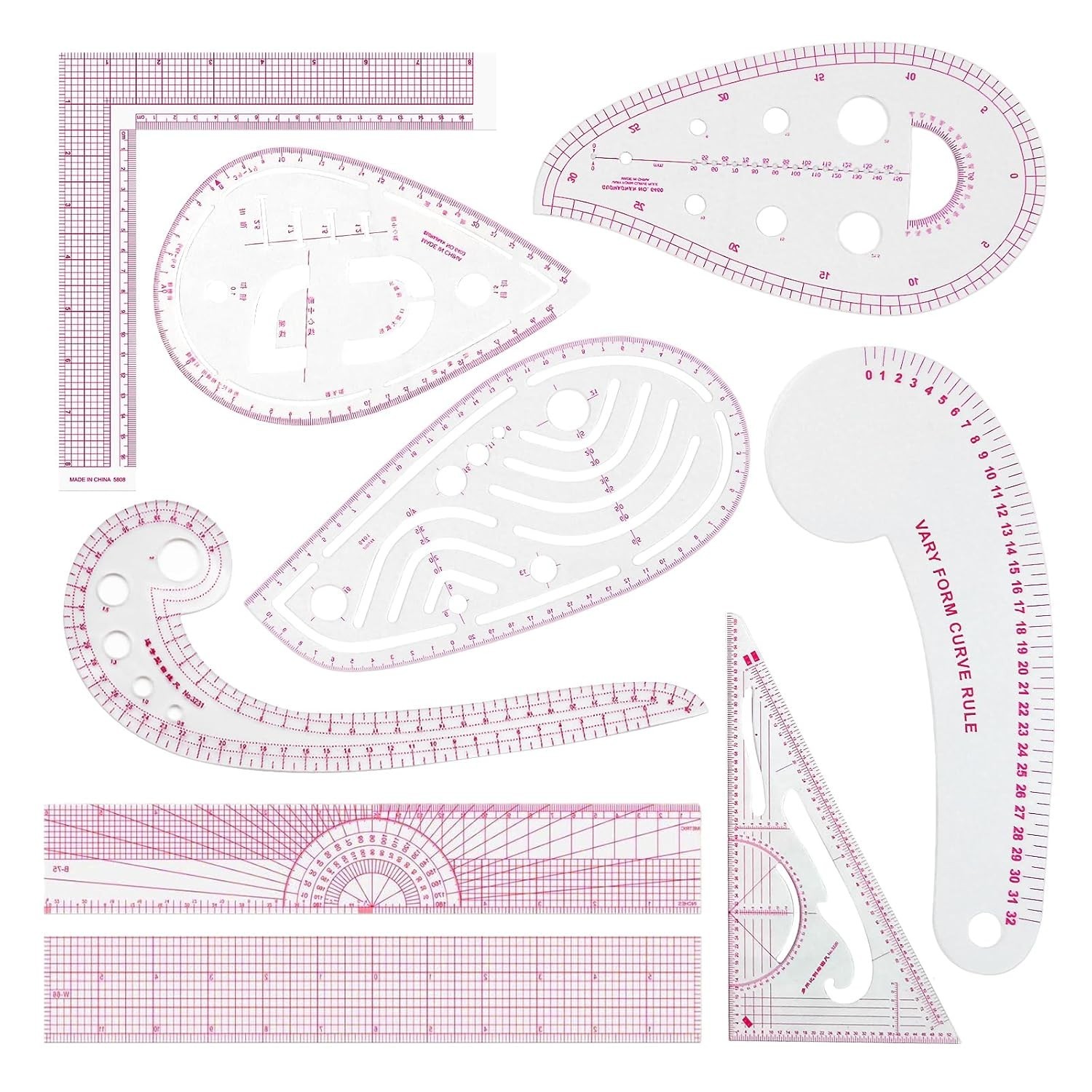Comprehensive French Curve and Triangular Ruler Set for Beginners - 9 Pieces