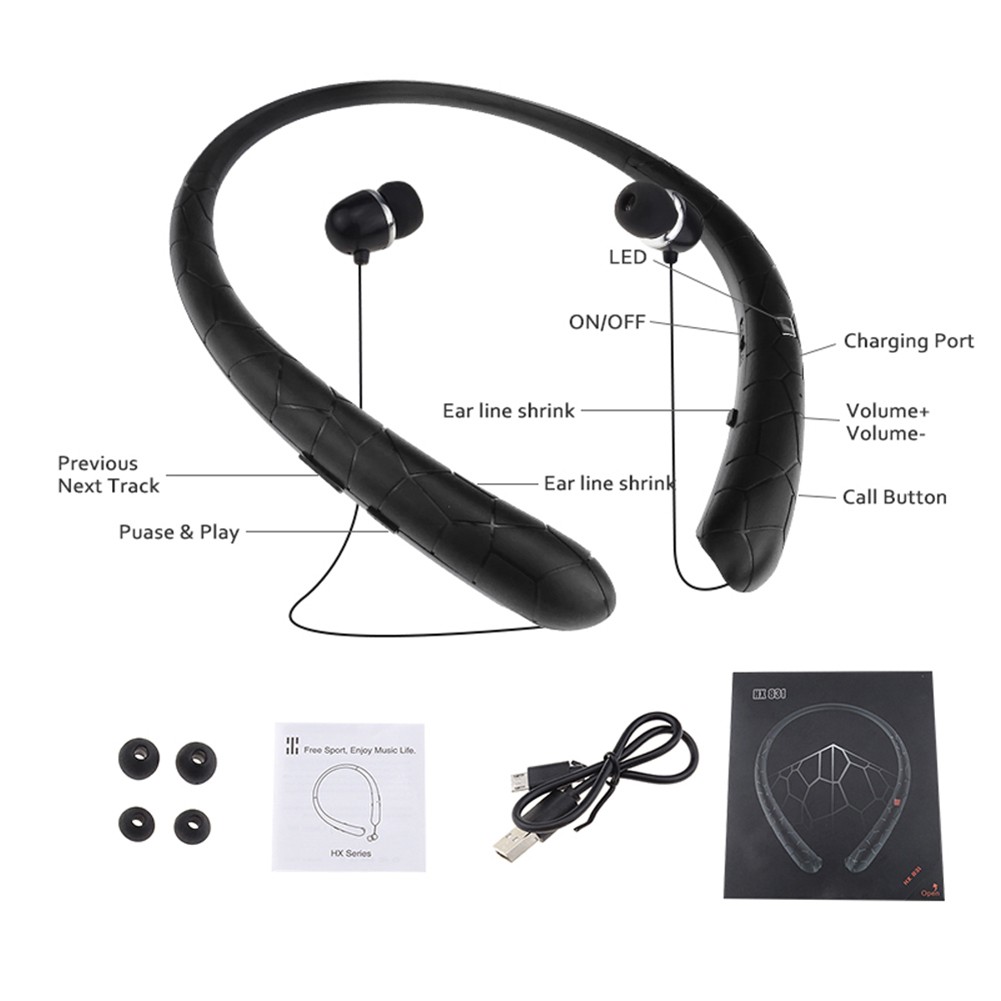 Sweatproof Neckband Headset Wireless Bluetooth Retractable Headphones Earbuds