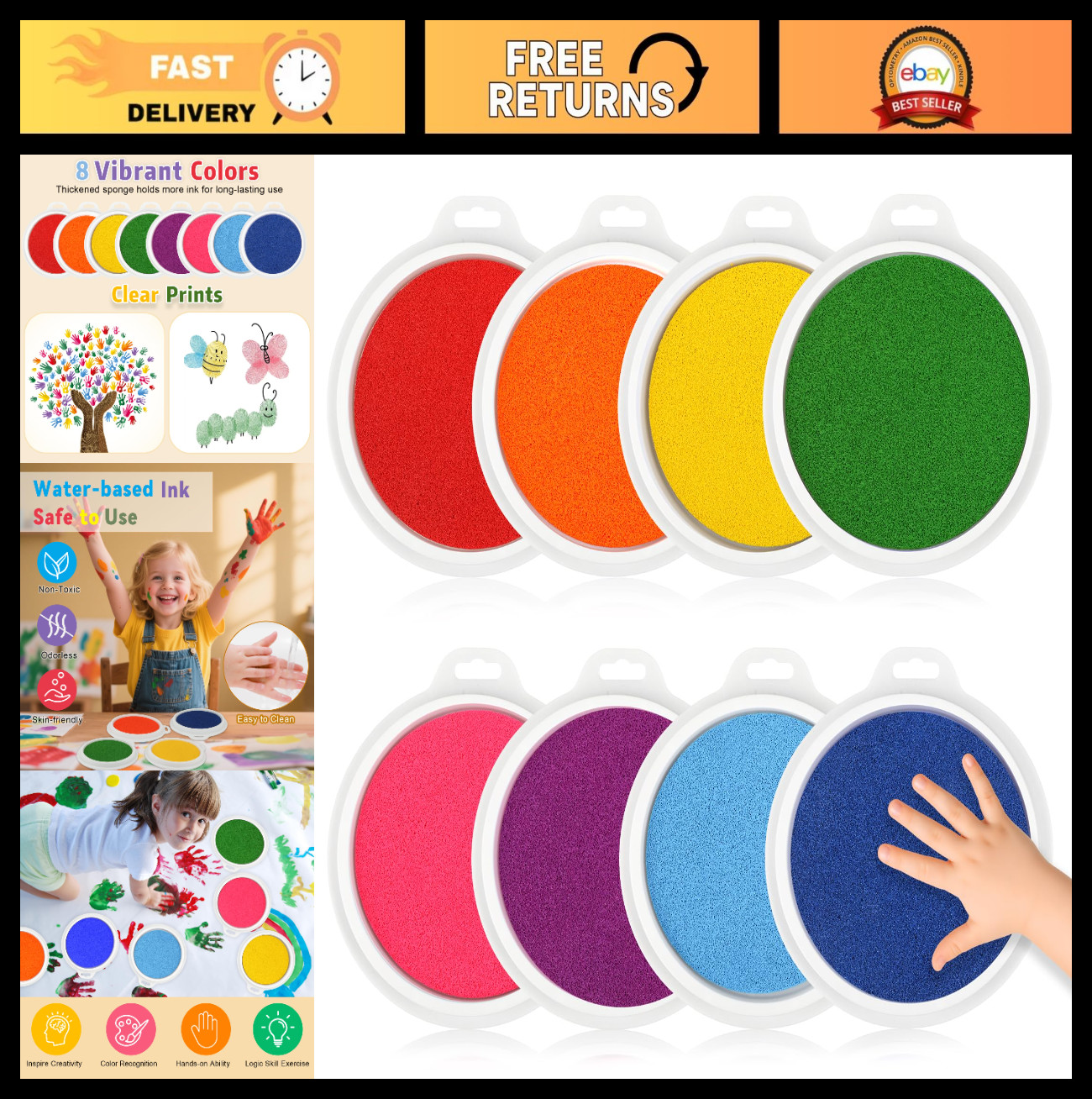7" Washable Ink Pads Set - 8 Colors for Kids Finger Painting, Crafting & DIY Art