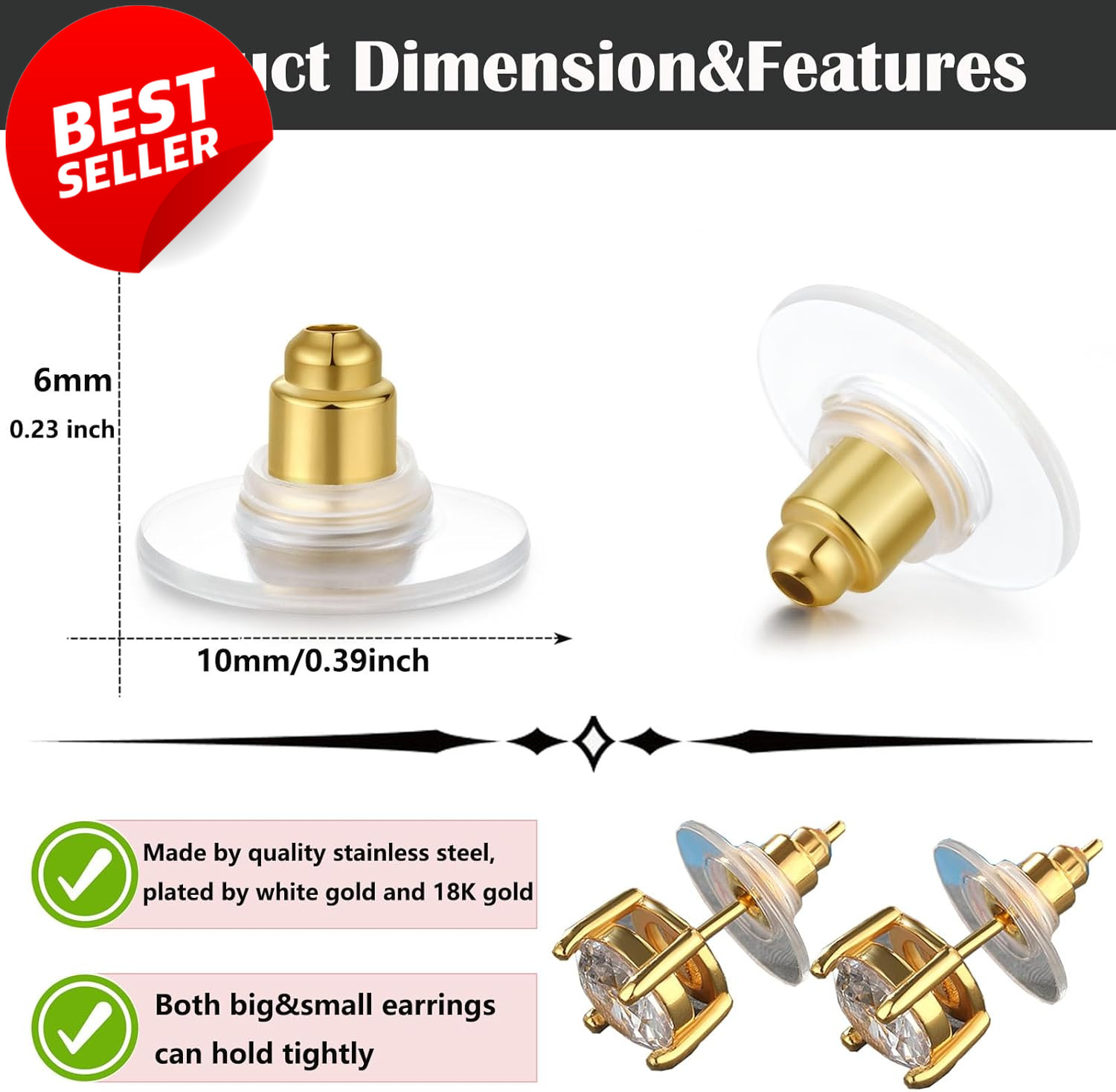 100pcs Gold Fishhook Earring Backs Bullet Clutch for Studs & Hoops - US