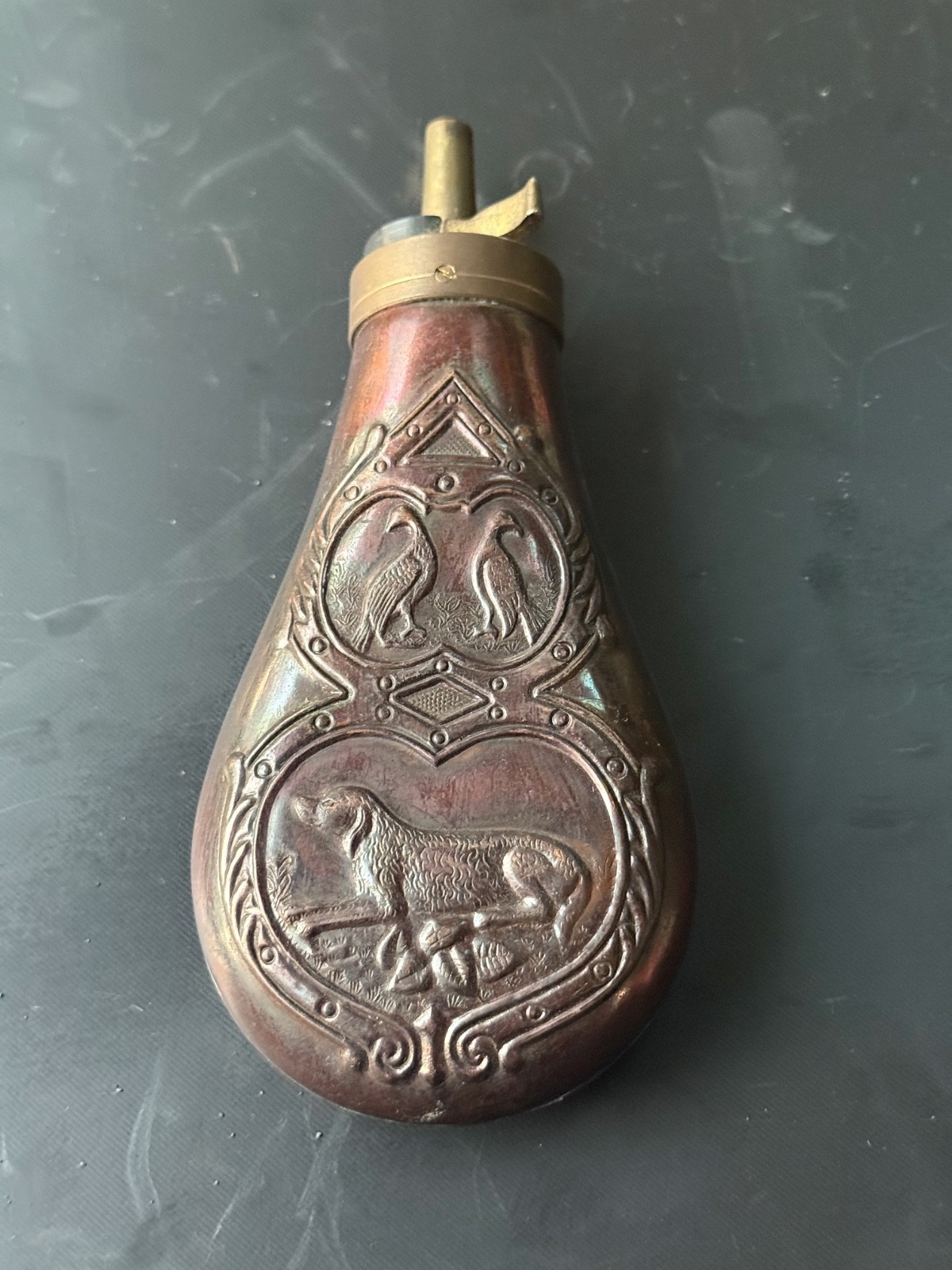 REPLICA Black Powder Flask Hunting Dog & Pheasants Scene Taiwan