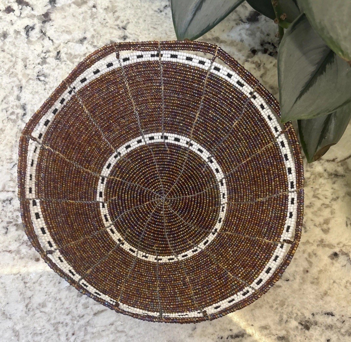 Beautiful Hand Crafted African Beaded Small 7" Basket Black White Multicolor