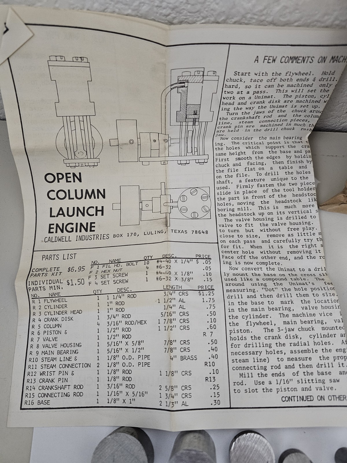 Caldwell Industires Open Column Launch Engine Kit and Plans Missing Brass Pipe