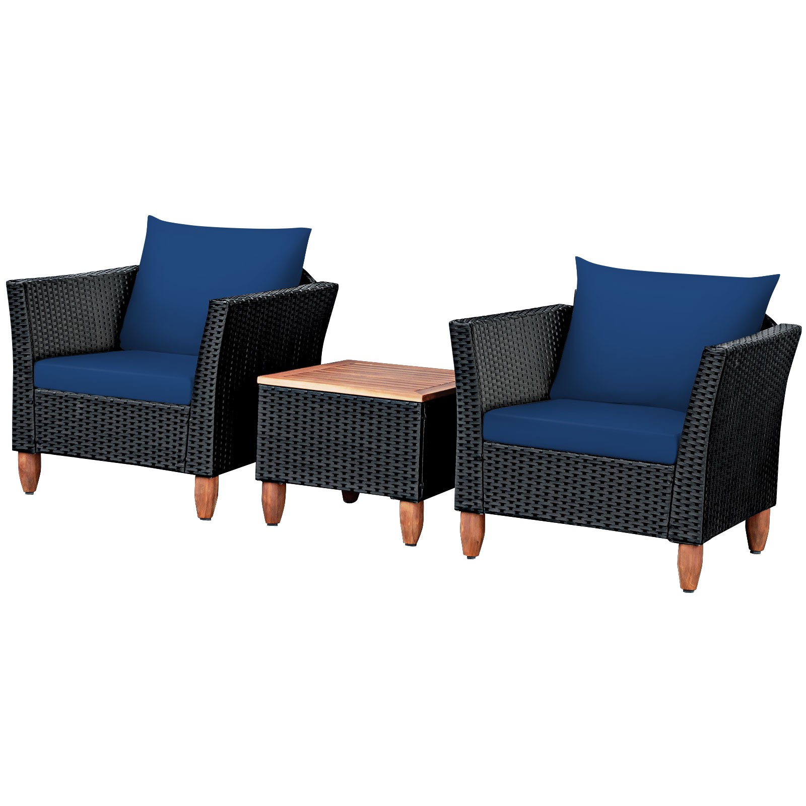 Outdoor 3PCS Patio Rattan Furniture Set Wooden Table Top Cushioned Sofa Navy