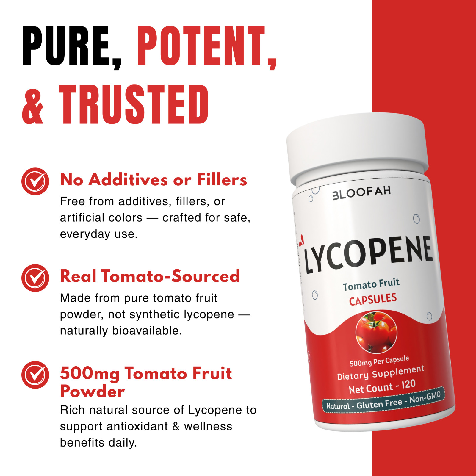 Bloofah Lycopene Tomato Fruit Powder Capsules 500mg | 120 Count | Clean Label