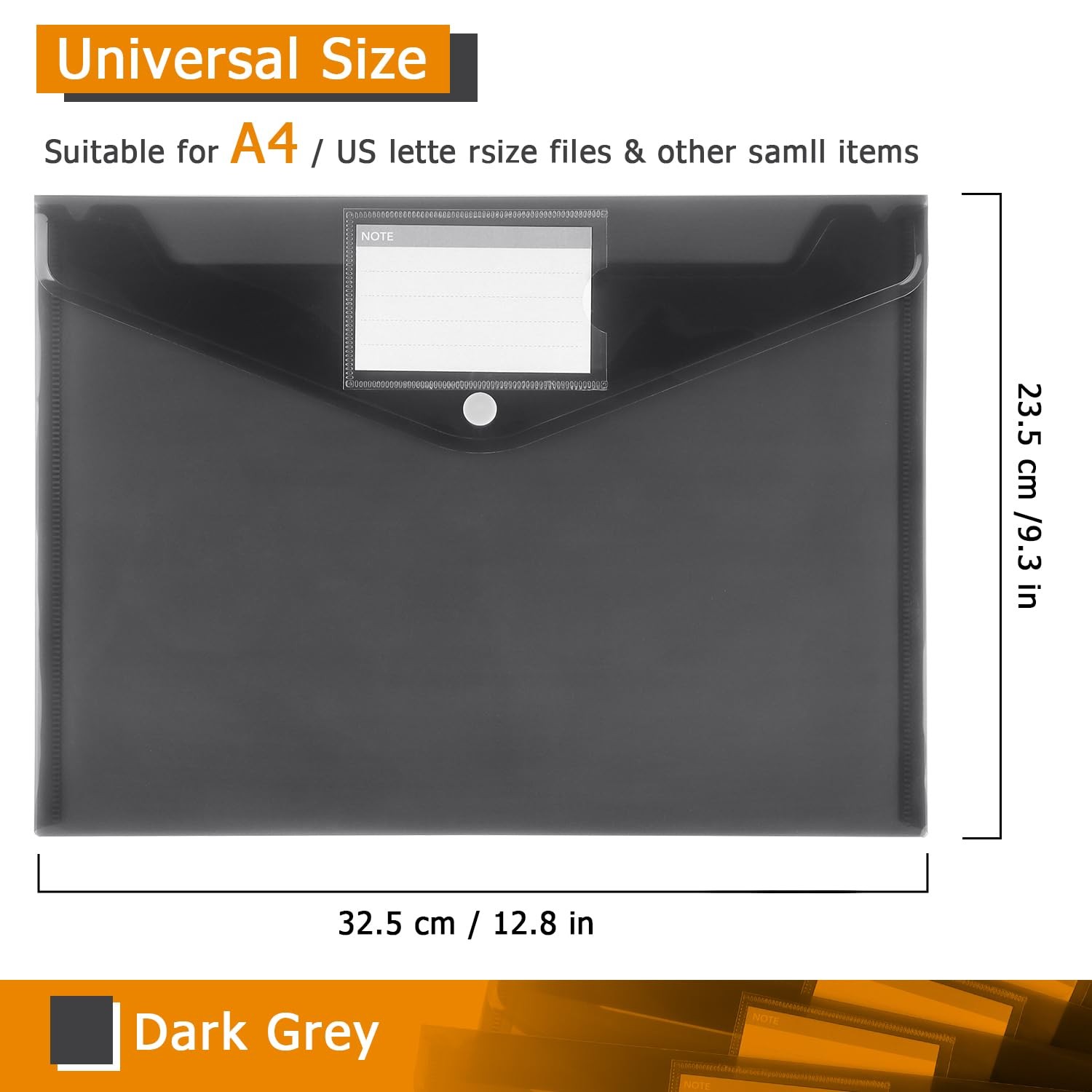 6 Pack Plastic Envelopes, Clear Document Folders, A4 Size, Grey