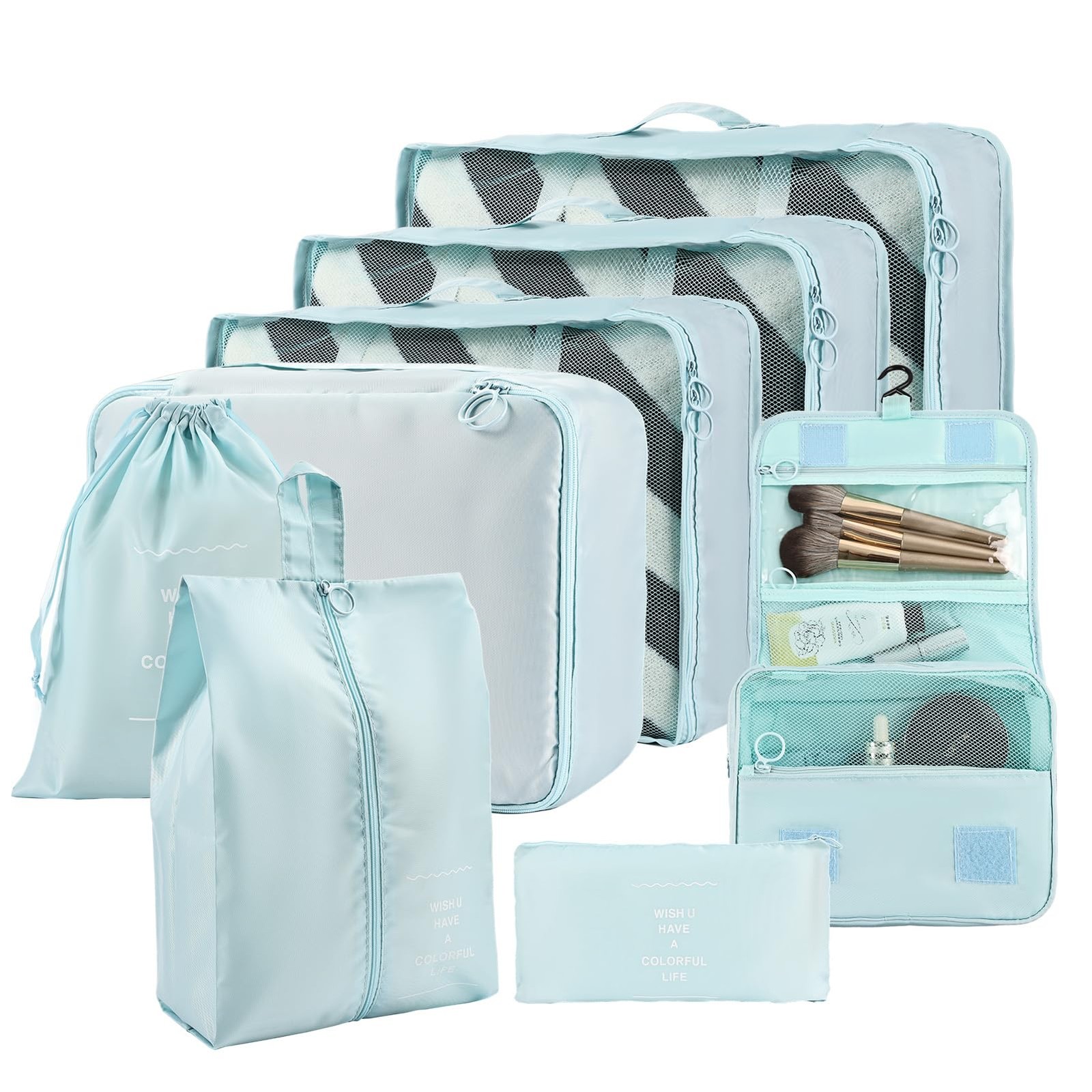 8 PCS Blue Compression Packing Cubes Travel Essentials Suitcase Organizer