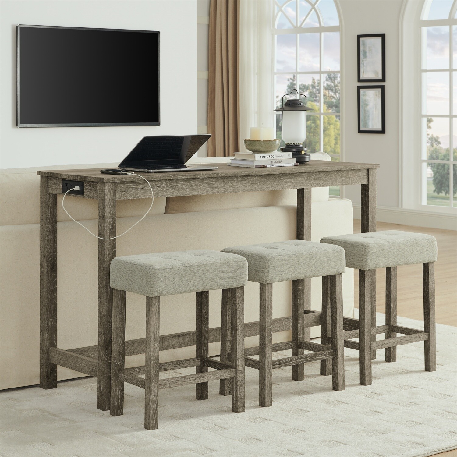 4 Piece Bar Table Set Counter Height Kitchen Pub Table with 3 Bar Stools
