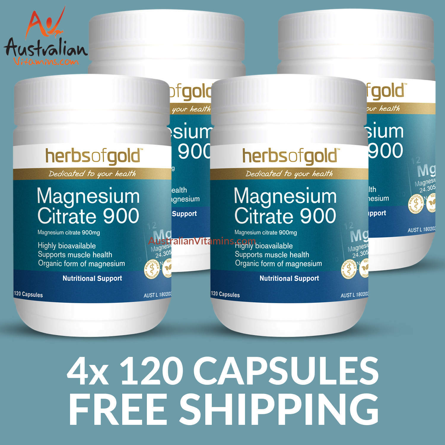Herbs of Gold Magnesium Citrate 900 | 120 Capsules - 4 Pack Price - $30.50 each
