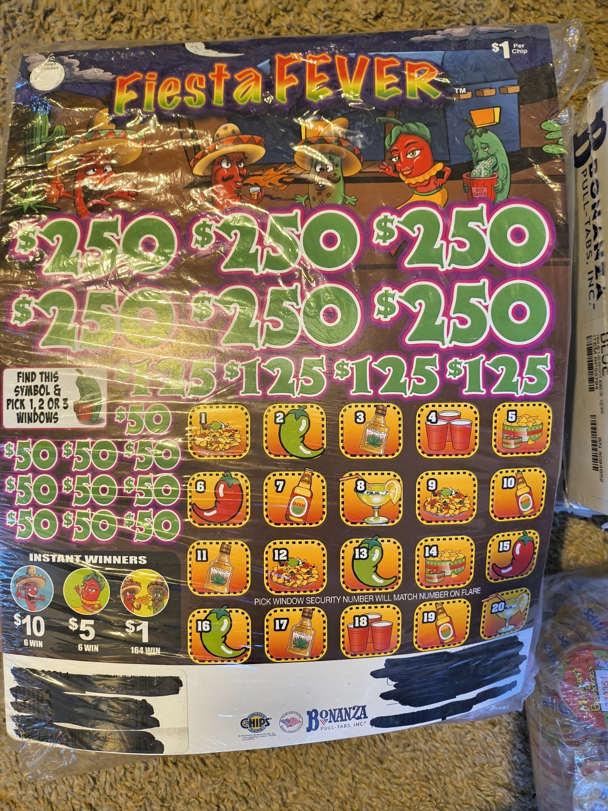 Fiesta Fever Pull Tab Game Board Casino Game Card Bonanza Collectible