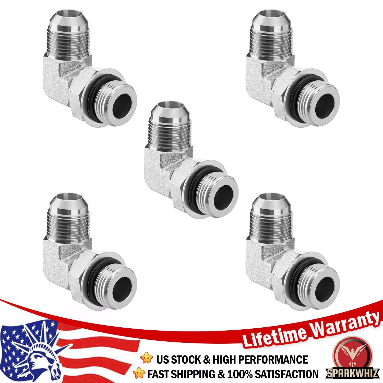 Set of 5 Elbow Hydraulic Fittings 3/4" JIC 37° Male x #12 SAE/ORB Male 90 Degree