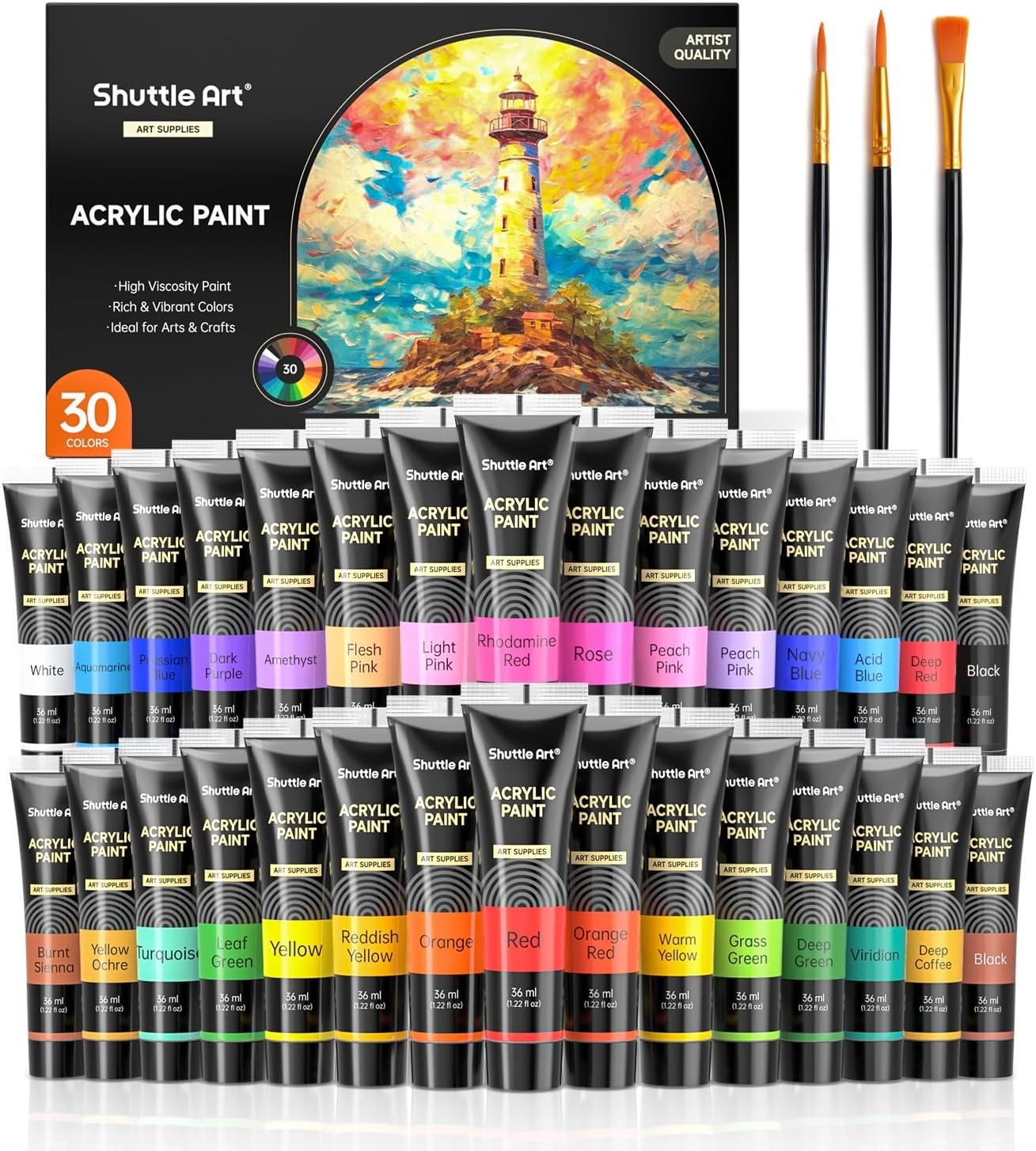 Shuttle Art 30 Colors Acrylic Paint Set, 36ml Tubes 33 Piece 30 colors