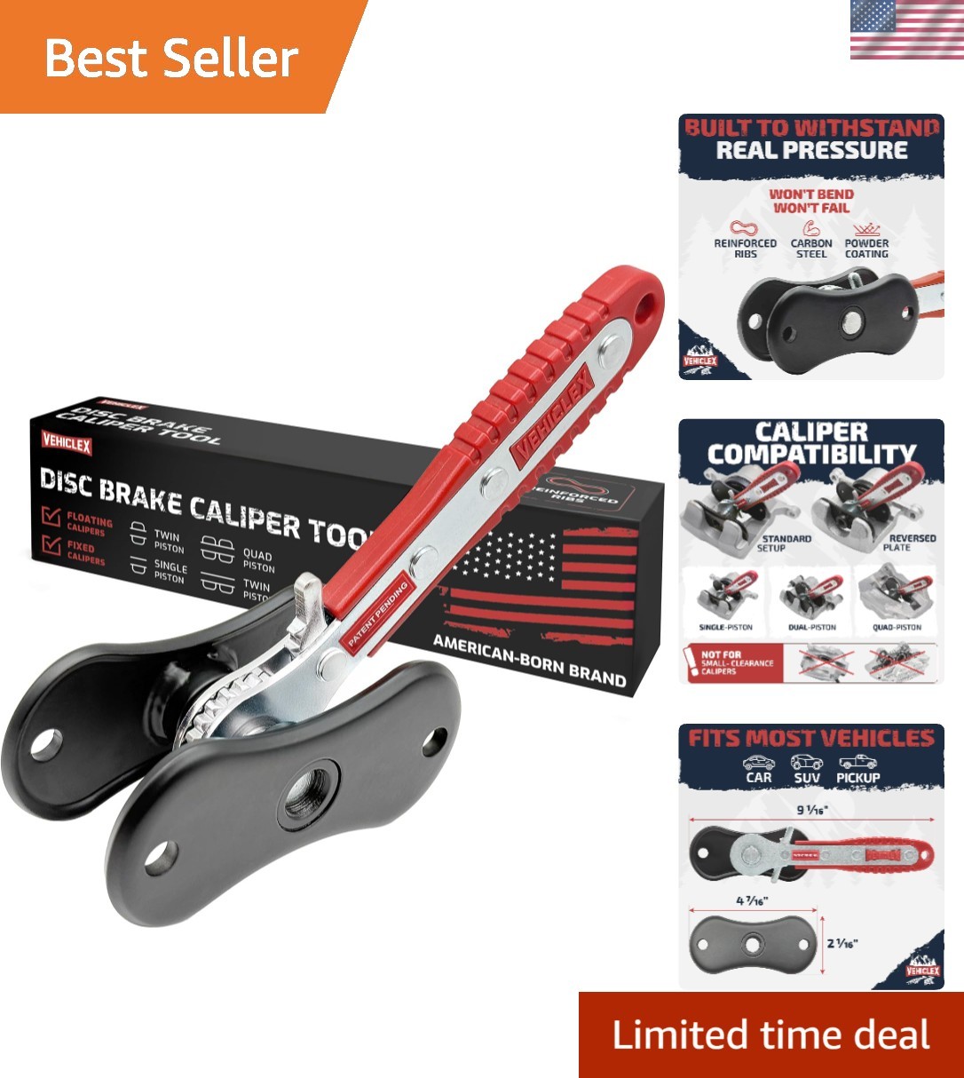 Heavy Duty Brake Caliper Compression Tool with Ratcheting Handle & Ribbed Plates