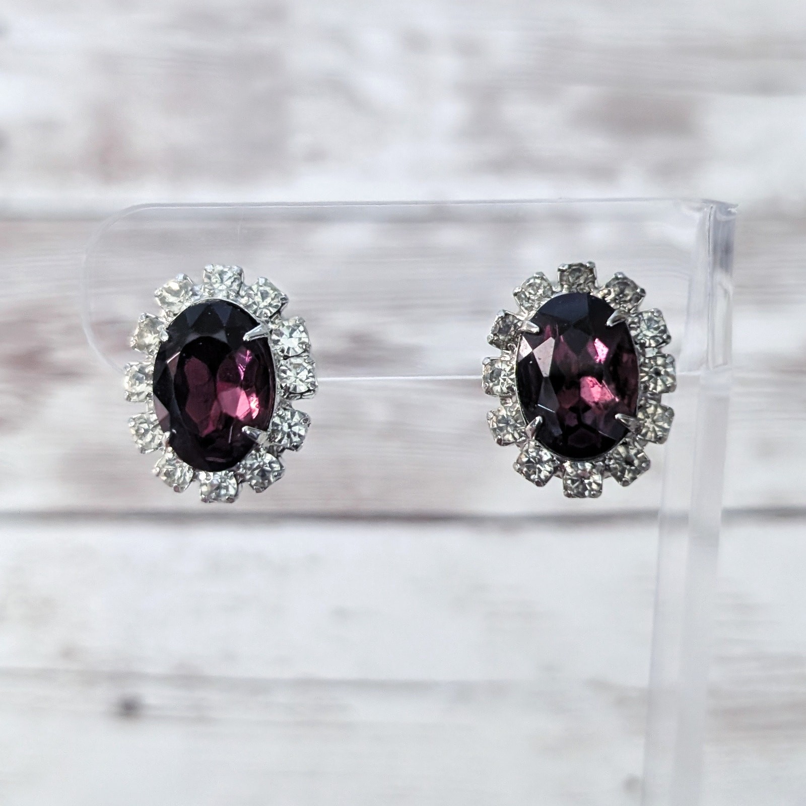 Vintage Clip On Earrings 0.75" Purple Gem with Clear Gem Halo