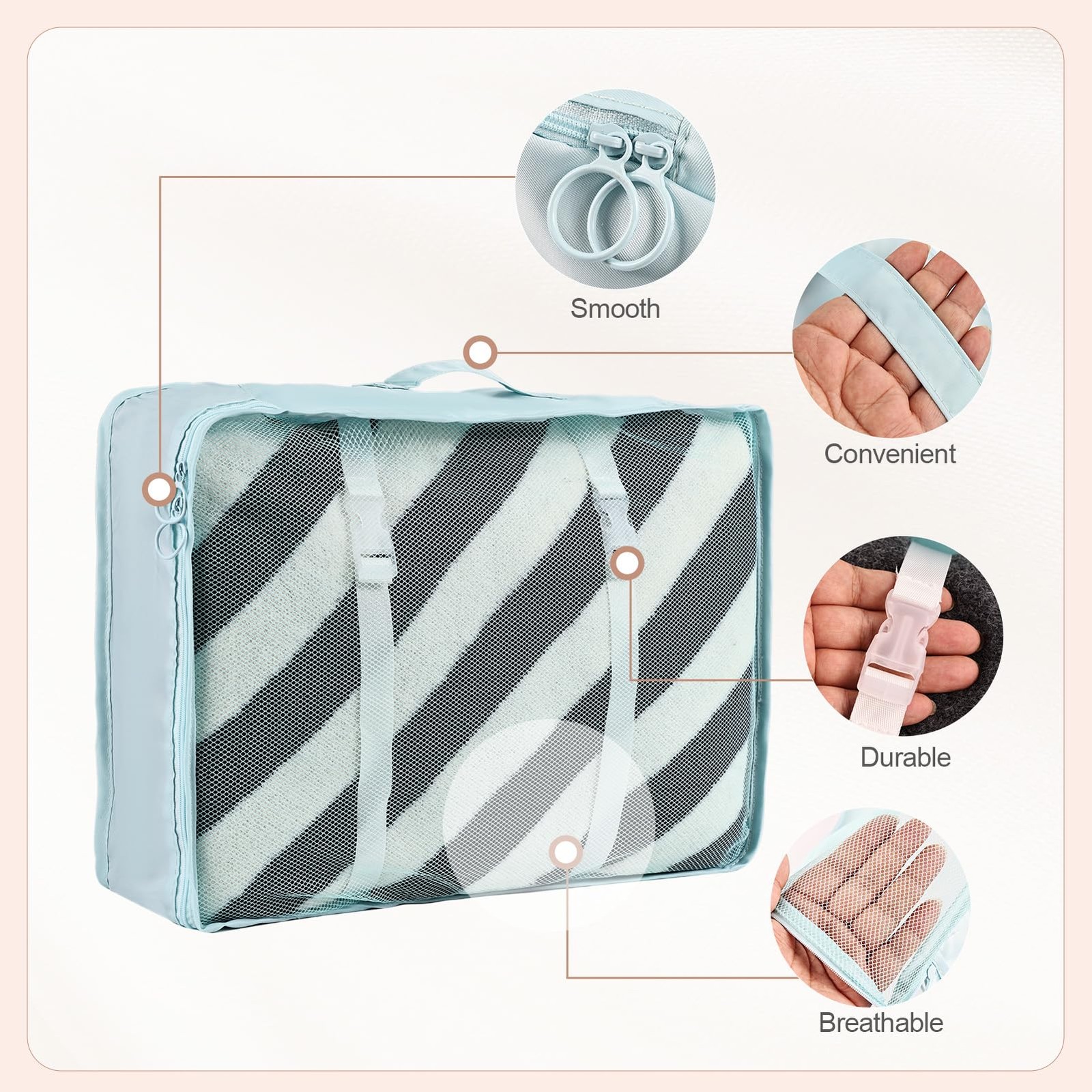 8 PCS Blue Compression Packing Cubes Travel Essentials Suitcase Organizer