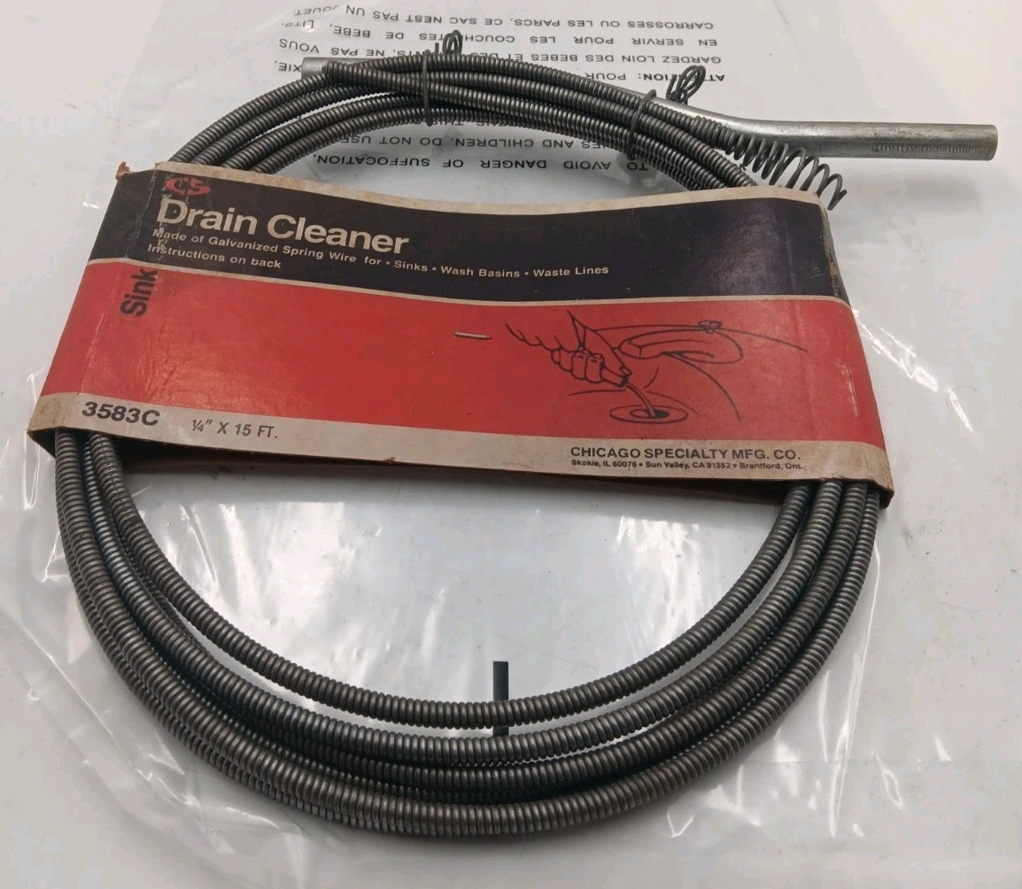 VTG NOS 15 Ft Drain Auger Plumbing Snake Clog Cable 1/4 In.Sewer Pipe Cleaner