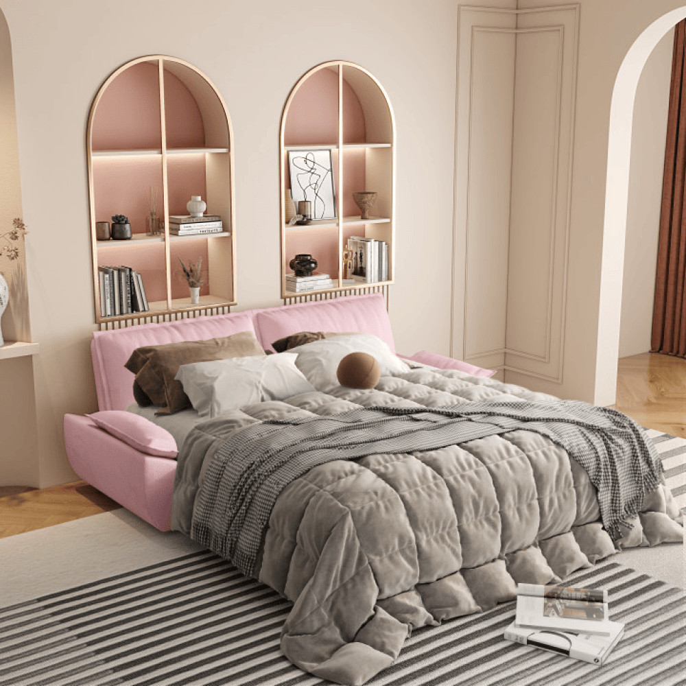 73in Roll Out Velvet Sleeper Sofa Bed w/ Queen Mattress, Multi-Functional 3-in-1