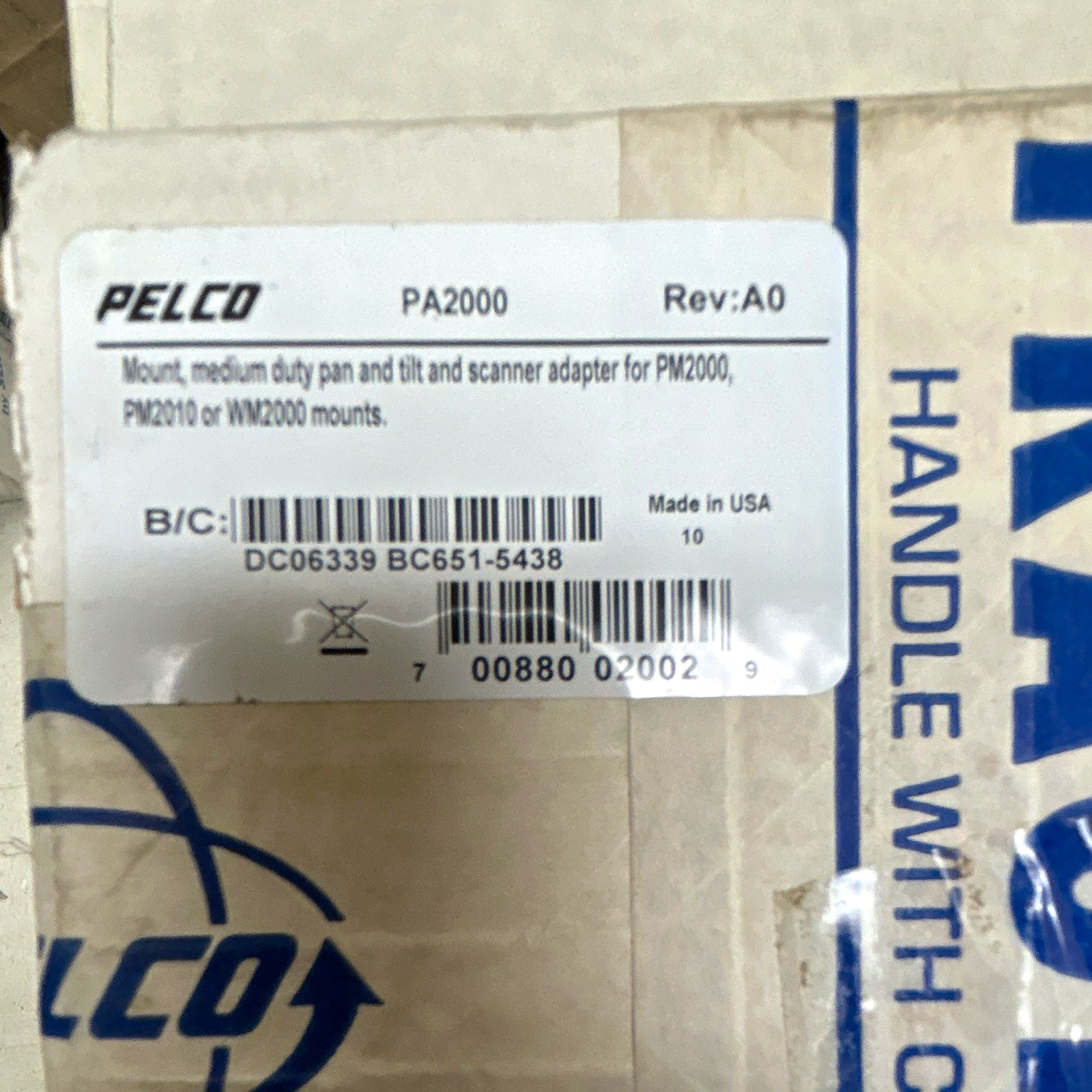 Pelco PA2000 (PA2000) Surveillance Camera Bracket, Pan/Tilt Mount, White