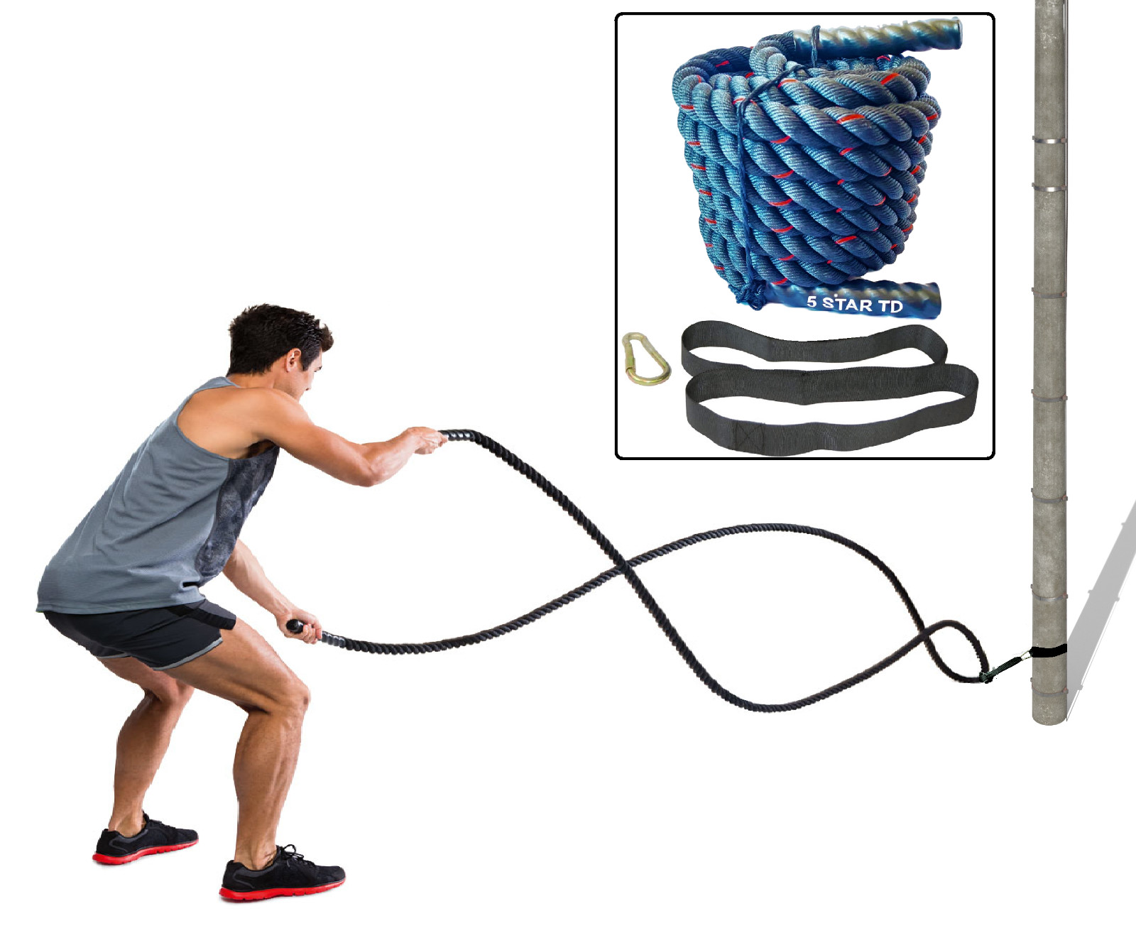 40 Ft Battle Rope 1.5" w Anchor Strap Poly Dacron Exercise Cross Training RED