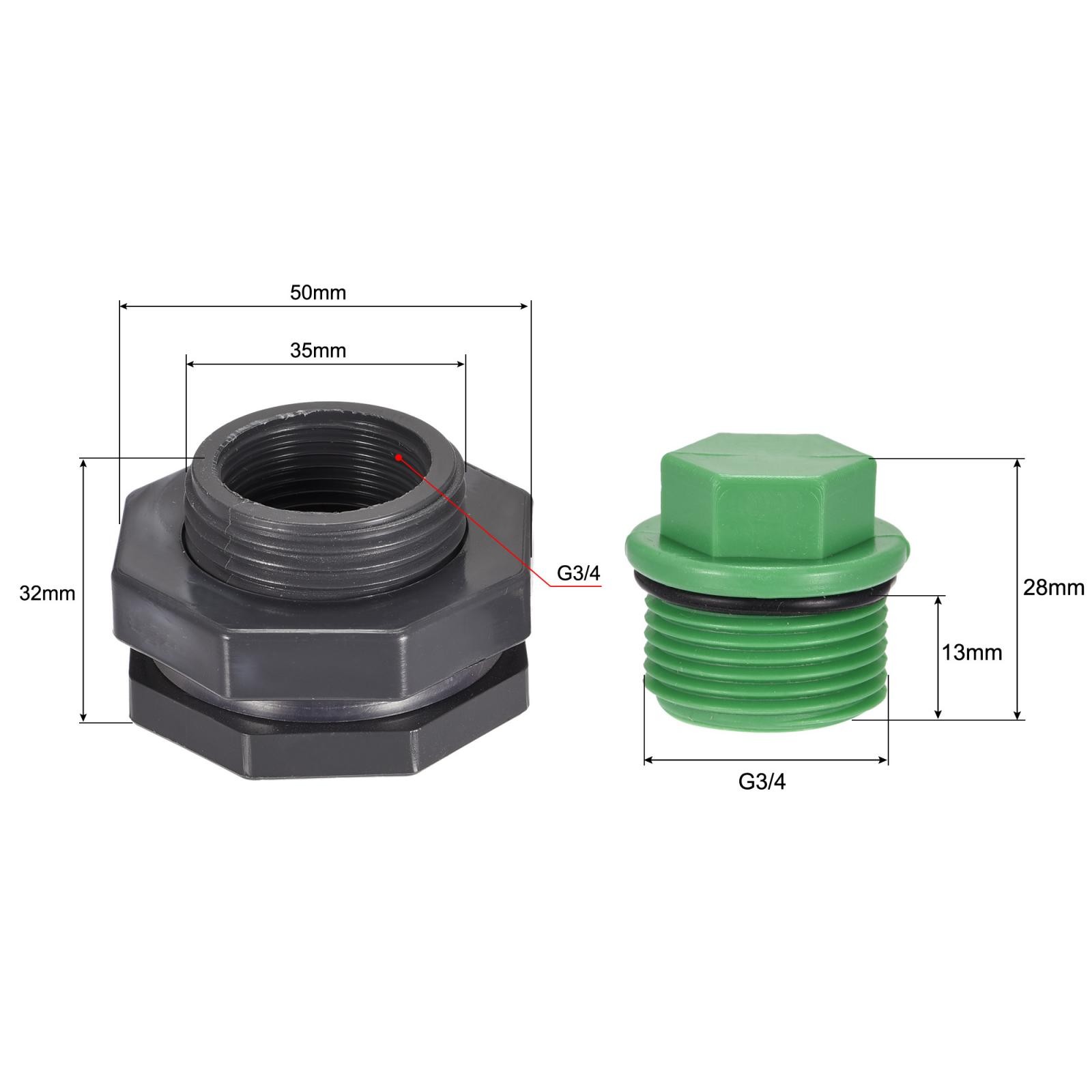 1 Set G3/4 Thread PVC Bulkhead Tank Adapter with Plug Fitting for Rain Buckets
