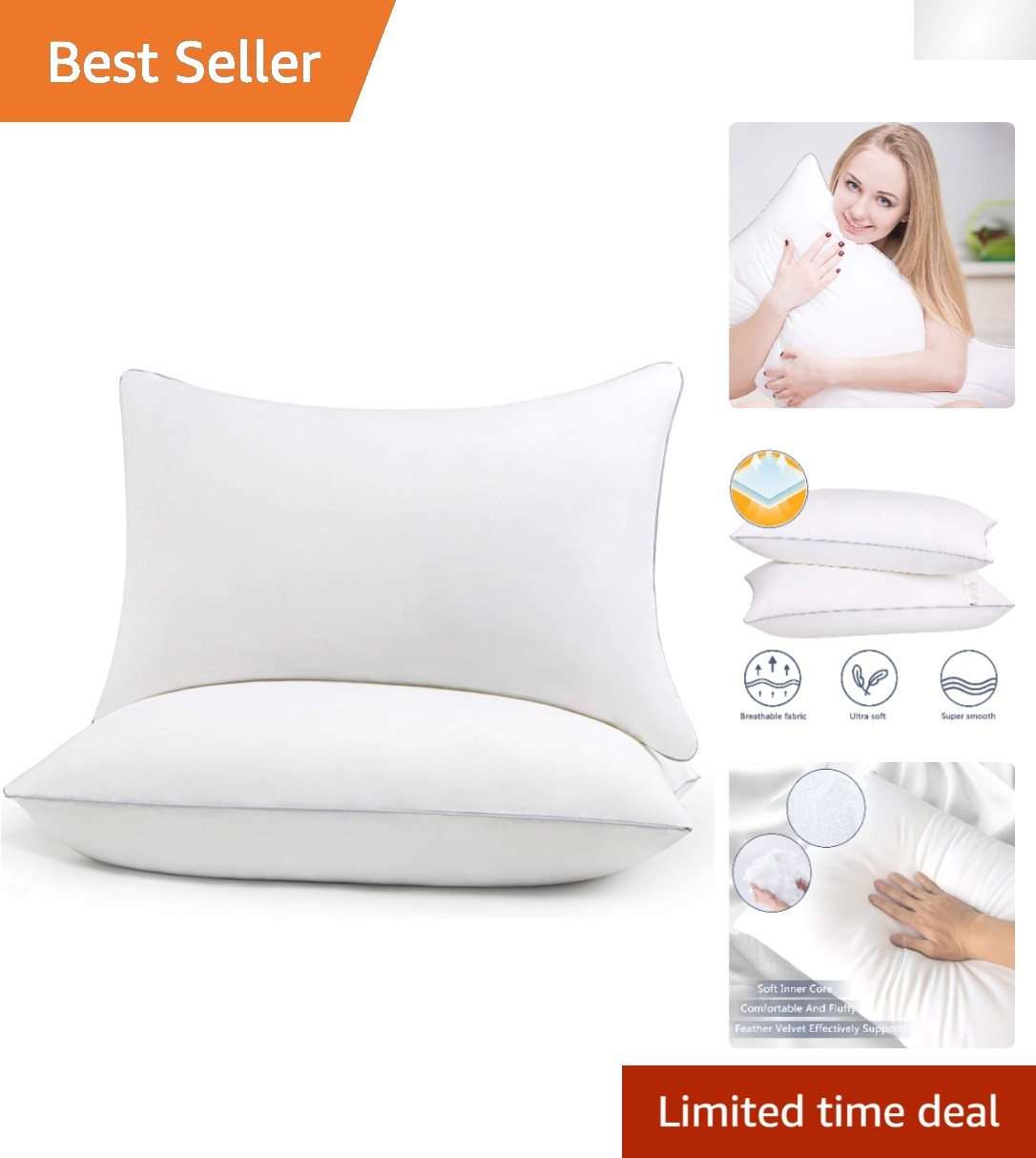 Standard Size Cooling Pillows (2 Pack) with Plush Microfiber Cover for Comfort