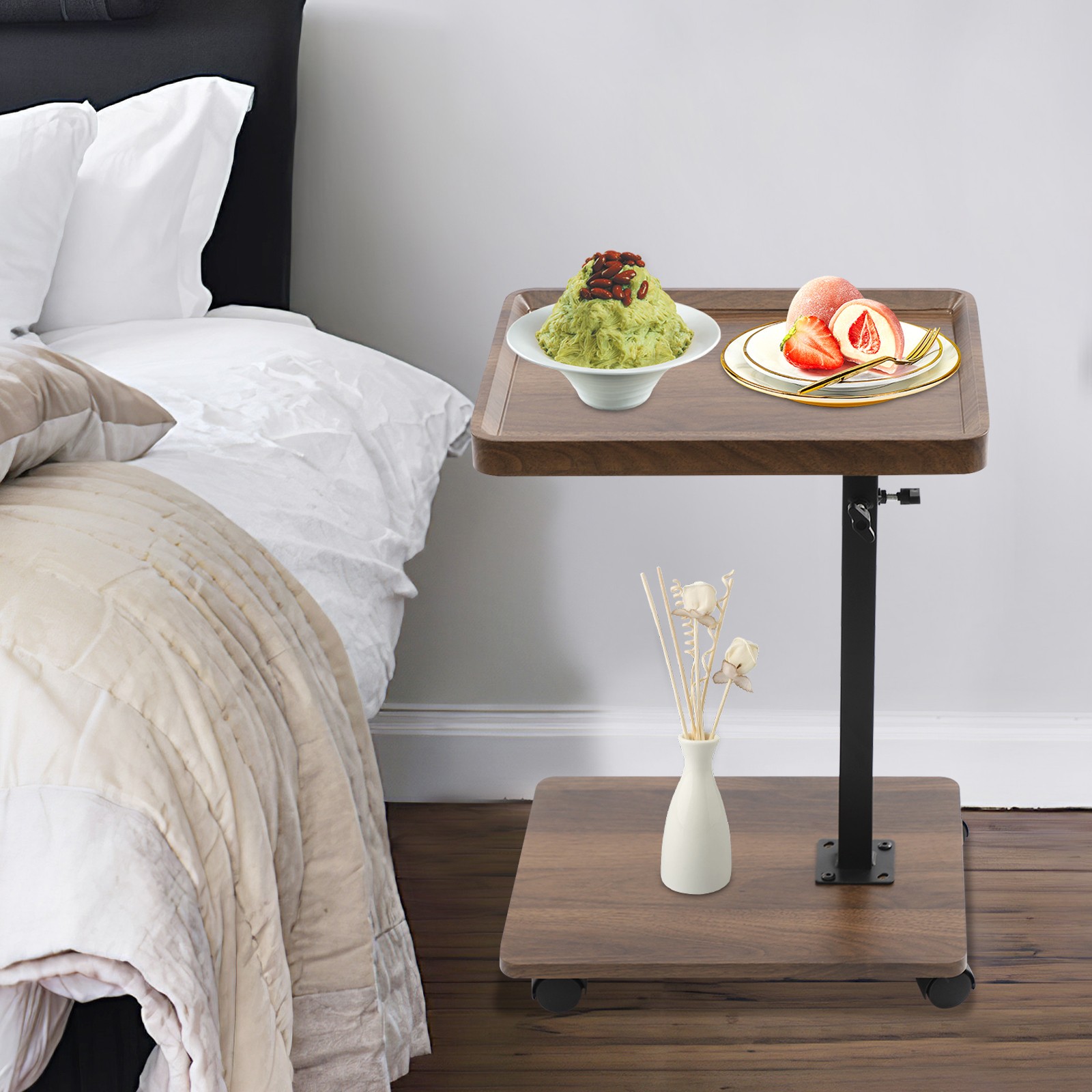 Rolling Side Table With 4 Wheels Adjustable End Table Coffee Table Laptop Stand