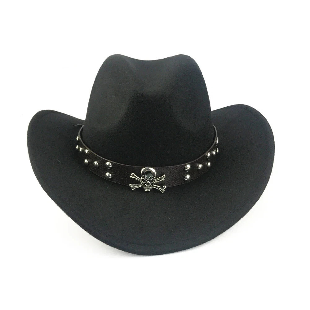Black Western Skull Cowboy, Cowgirl Hat, Skull Strap, Men Women Retro Wide Brim