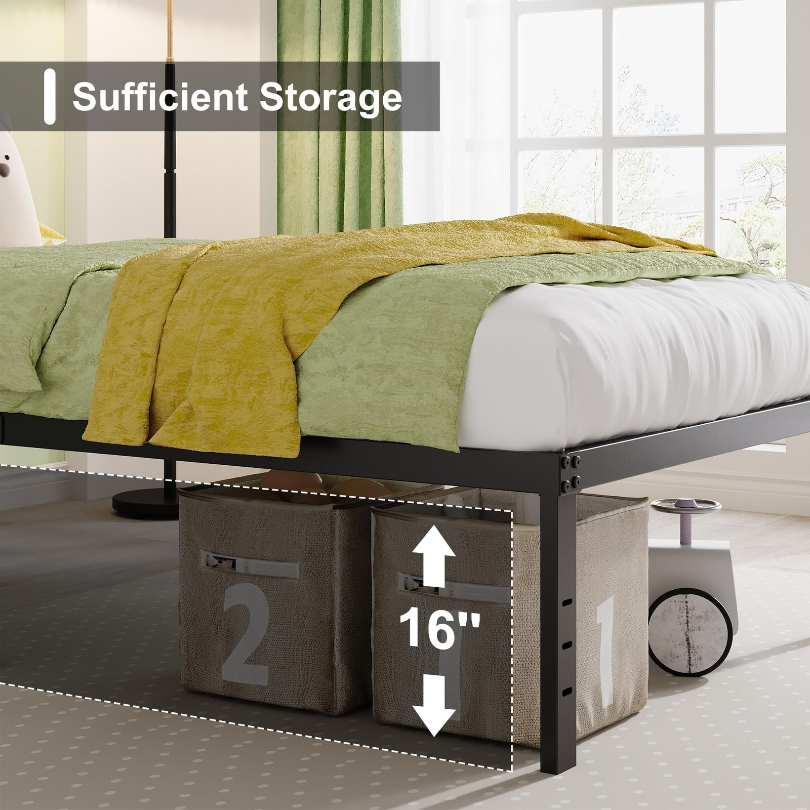 Queen Bed Frame, 18 Inch Metal Platform, No Box Spring, Storage, Black