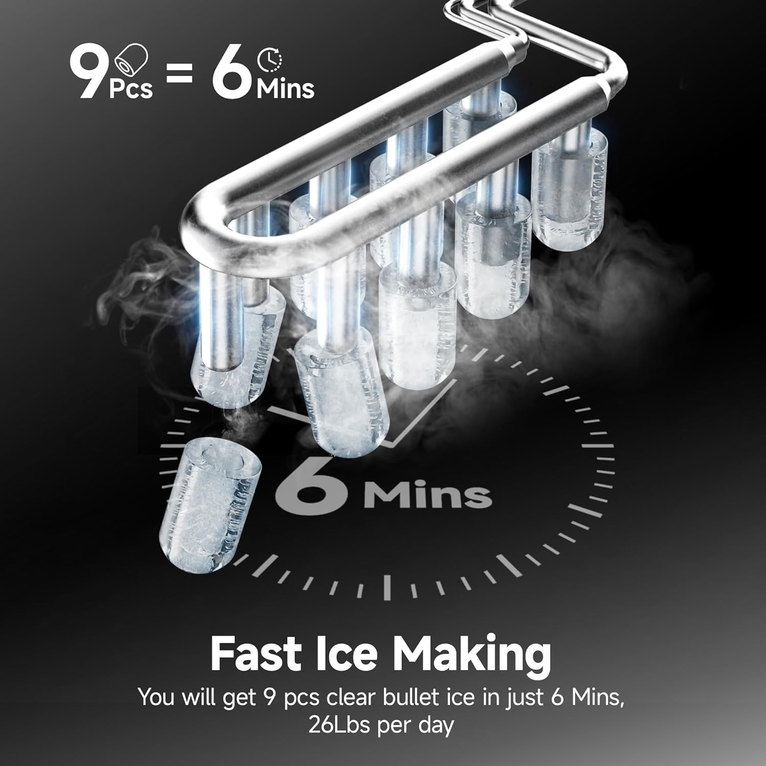 EUHOMY Ice Maker Countertop, 9 Cubes Ready in 6 Mins, 26lbs/24H, Silver
