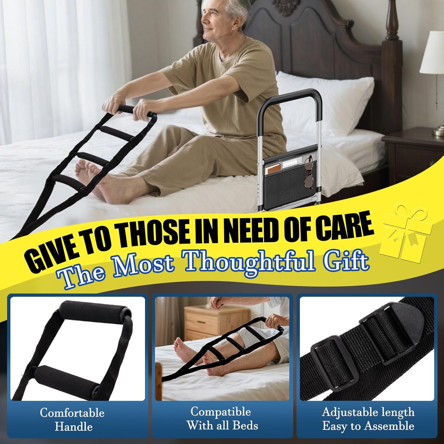 POSTVI Bed Rail Assist for Elderly Adjustable Safety Rail w/ Light & Ladder