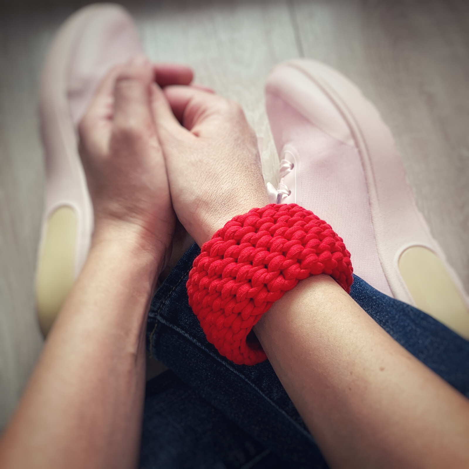 Handmade Crochet Cuff Bracelet Red Natural Cotton 2 inches Wide