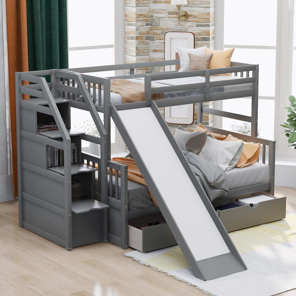 Twin over Full Bunk Bed with Two Under Bed Drawers and on Ladder Storage Rack
