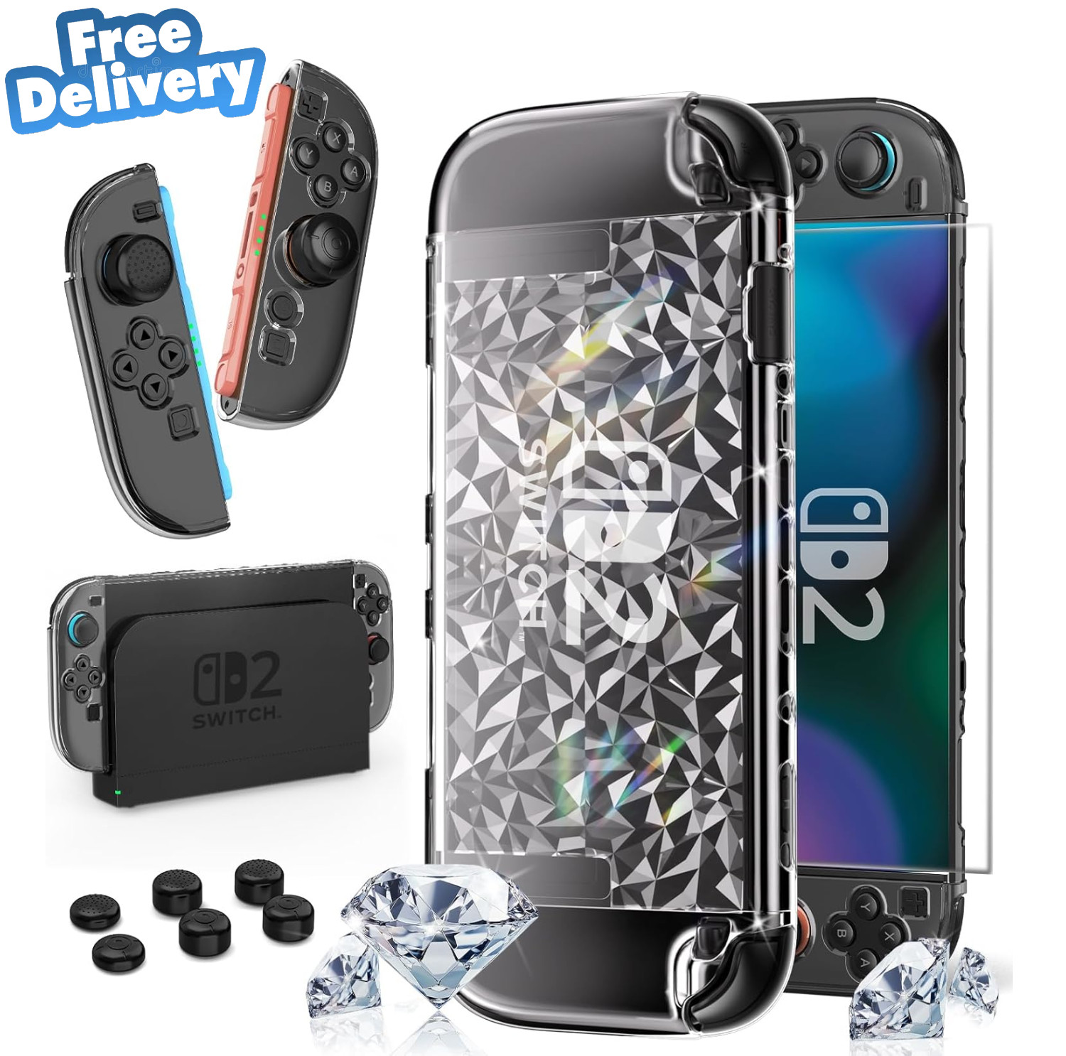 Nintendo Switch 2 Clear Cover Protective Case with Tempered Film & Thumb Grips