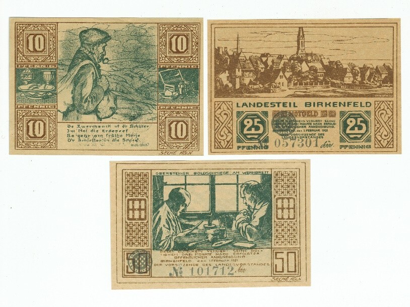 SET OF 3 GERMANY NOTGELD 10.25.50 PFENNIG BIRHENFELD 1921 UNC