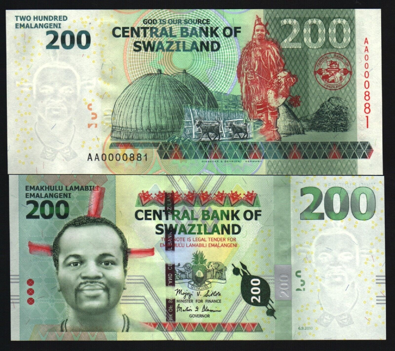 Swaziland 200 EMALANGENI P-40 A 2010 Low # Elephant Goat AA Wild Animal UNC NOTE