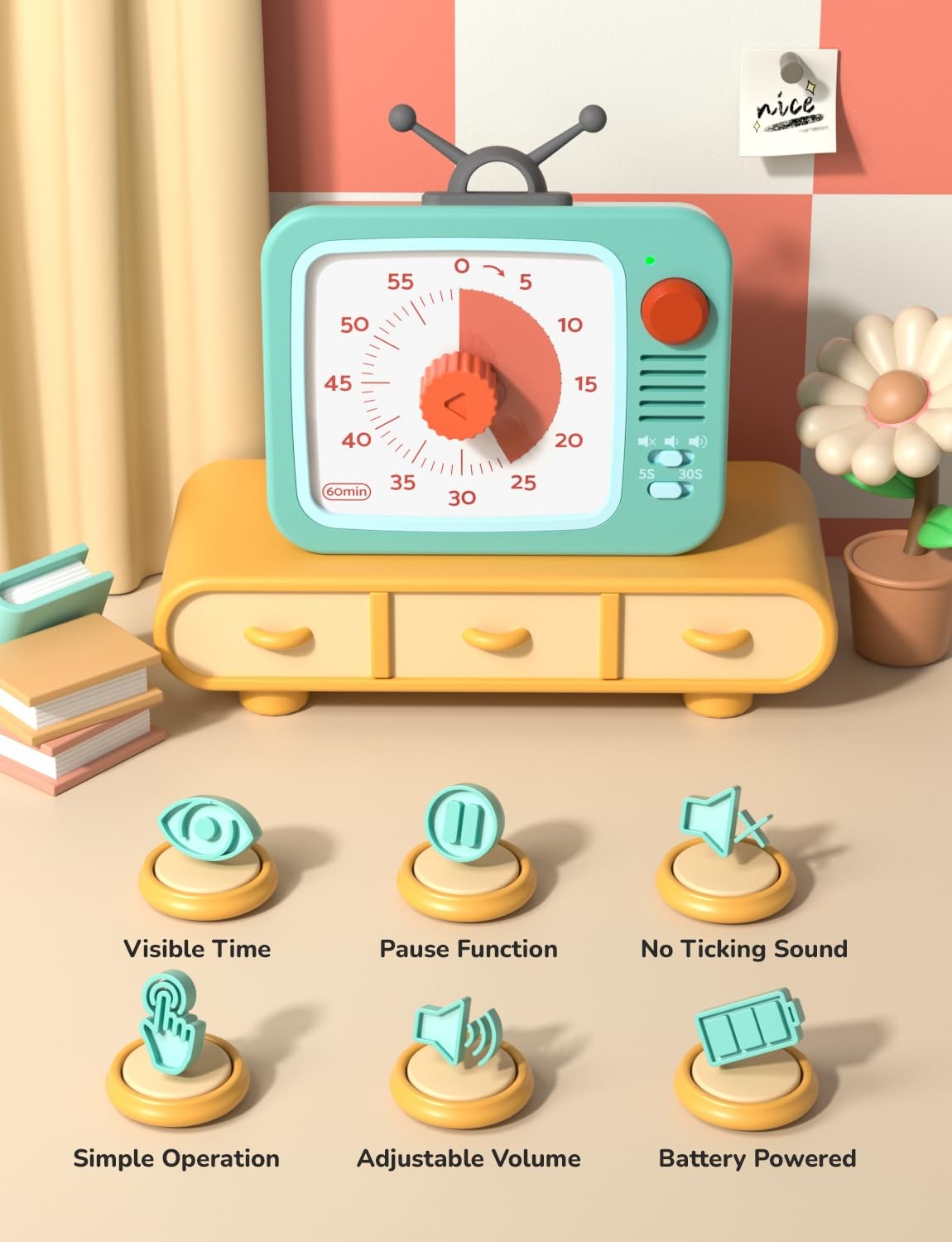 Visual Timer for with Pause, 60 Minute Countdown Timer, Green