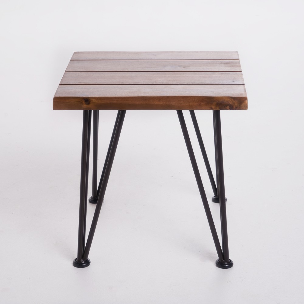 Rustic Acacia Wood Side Table with Iron Legs, Outdoor Patio Backyard