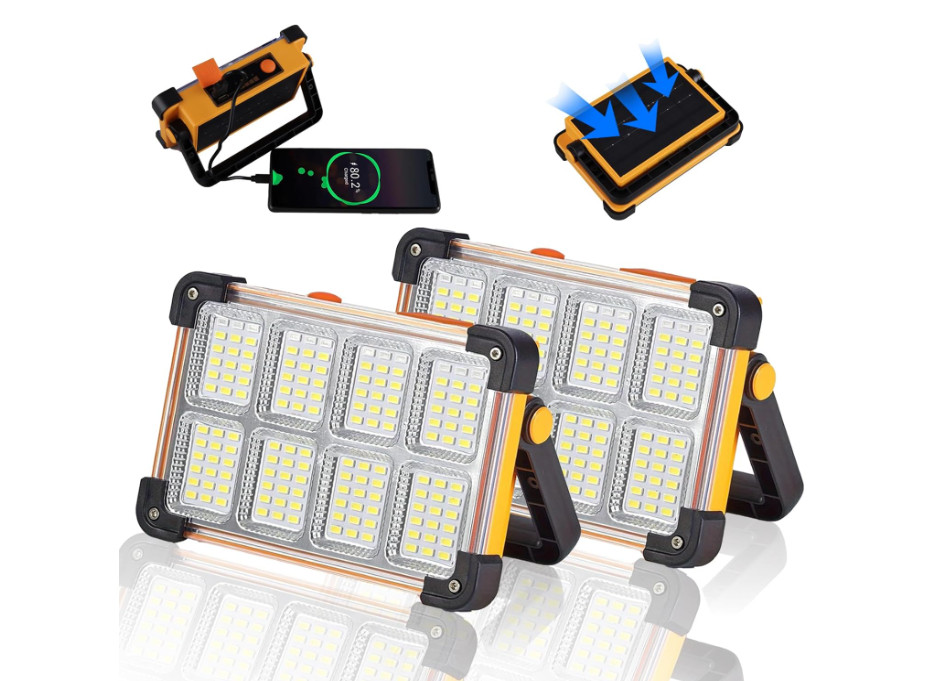 Paquete de 2 luces de trabajo solares recargables de 120 W, foco portátil de 144