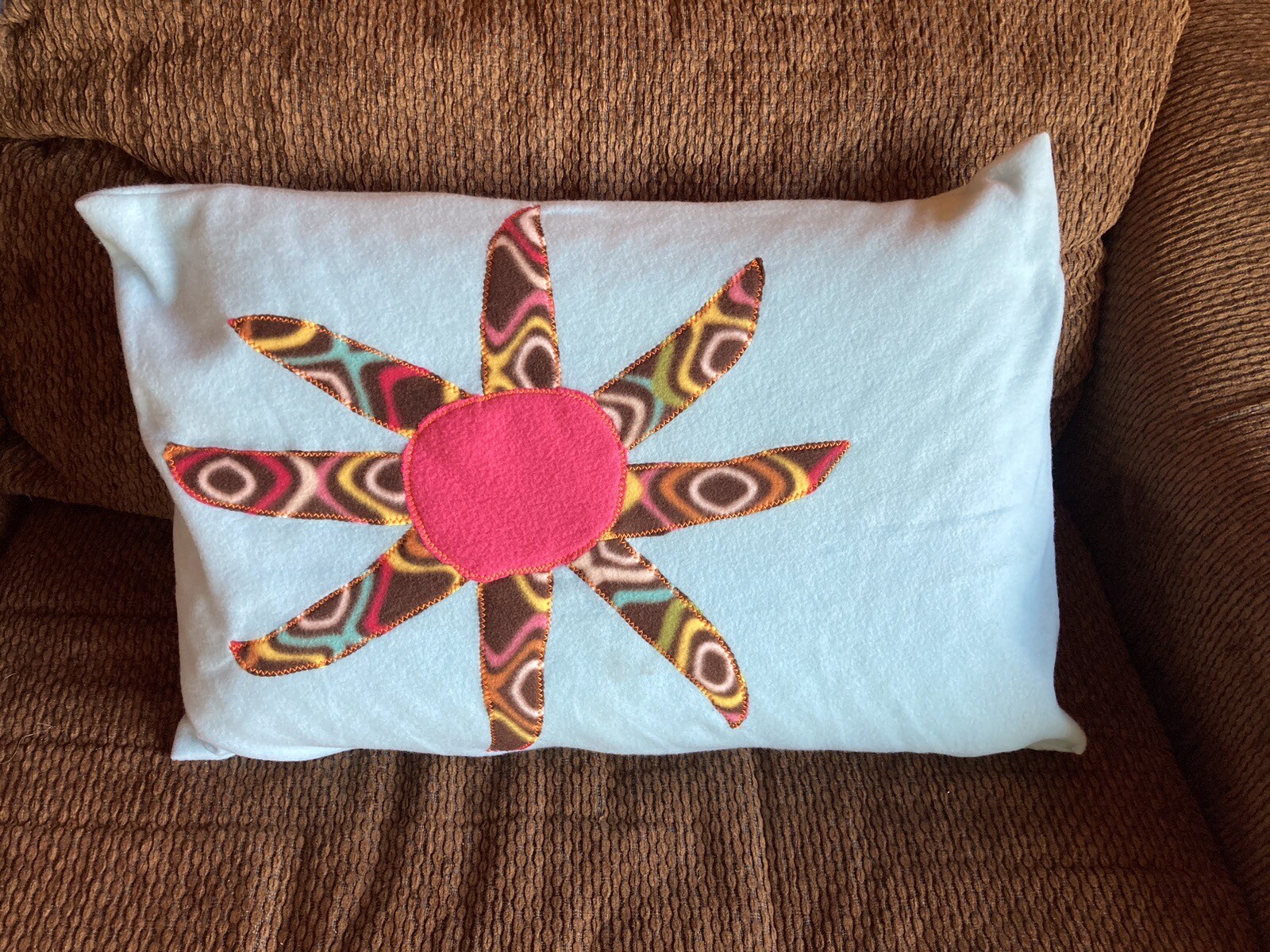 Handmade Kids Fleece Standard Pillow Case Light Blue Flower Star Sun Burst