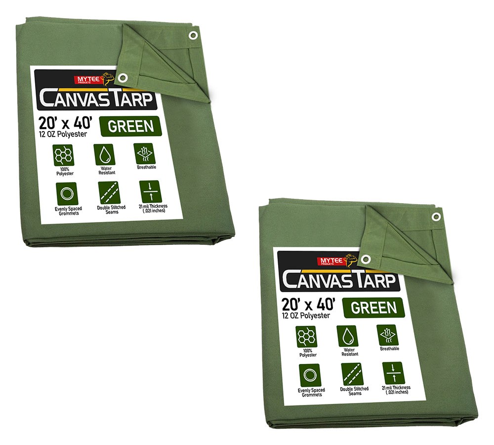 (2 Pack) 20' x 40' Green Canvas Tarp 12oz Heavy Duty Water Resistant
