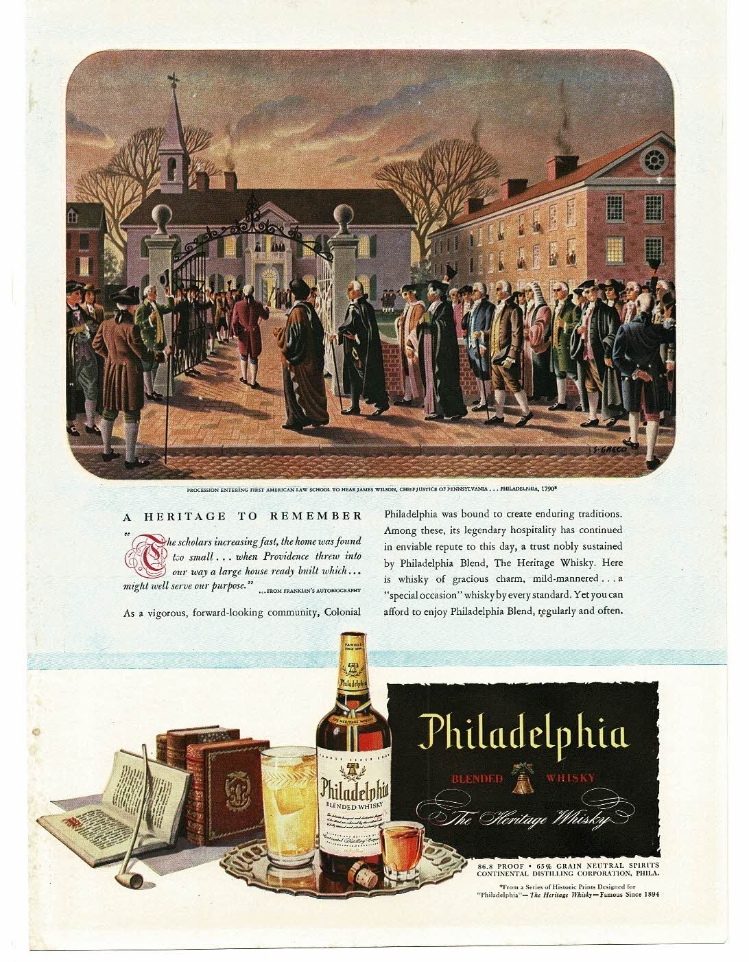 1946 Philadelphia Whisky First American Law School Colonial art Simon Greco Ad
