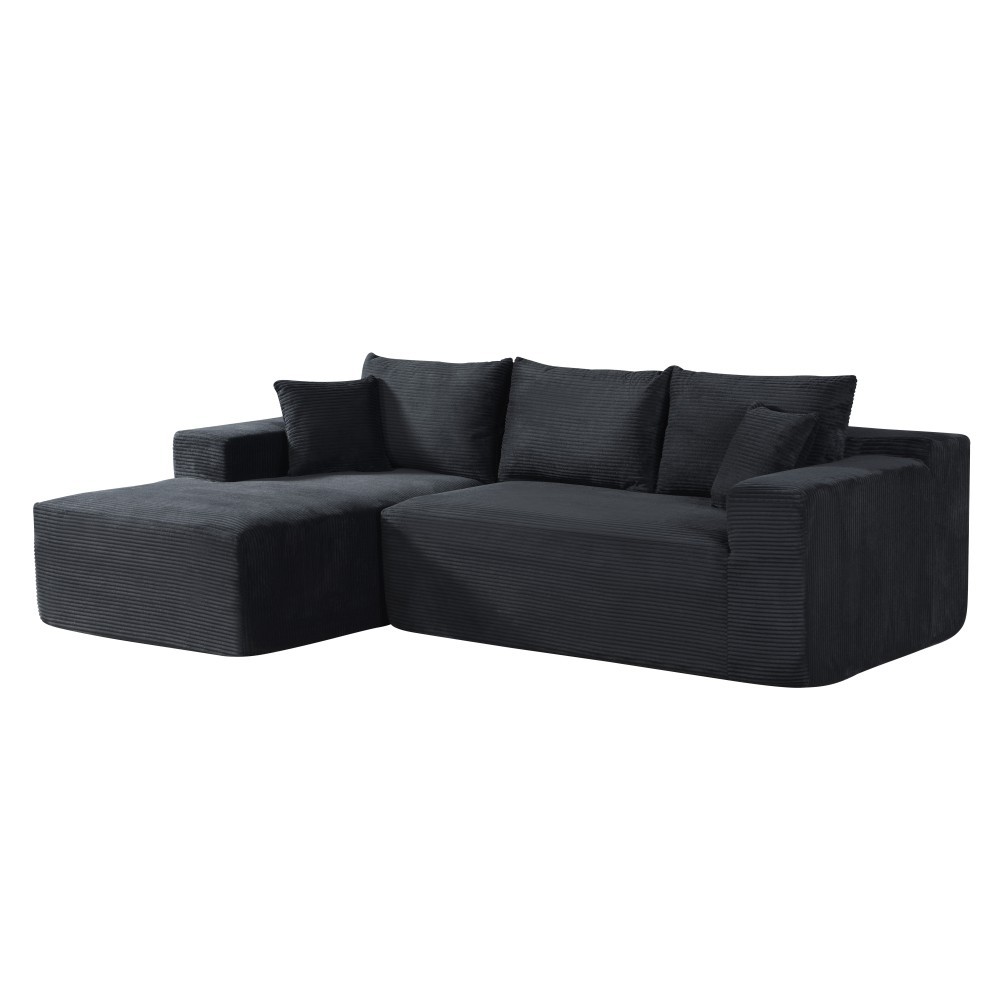 L-Shaped Corduroy Sectional Sofa w/ Pillows, Modular 3-Seater Couch, Black