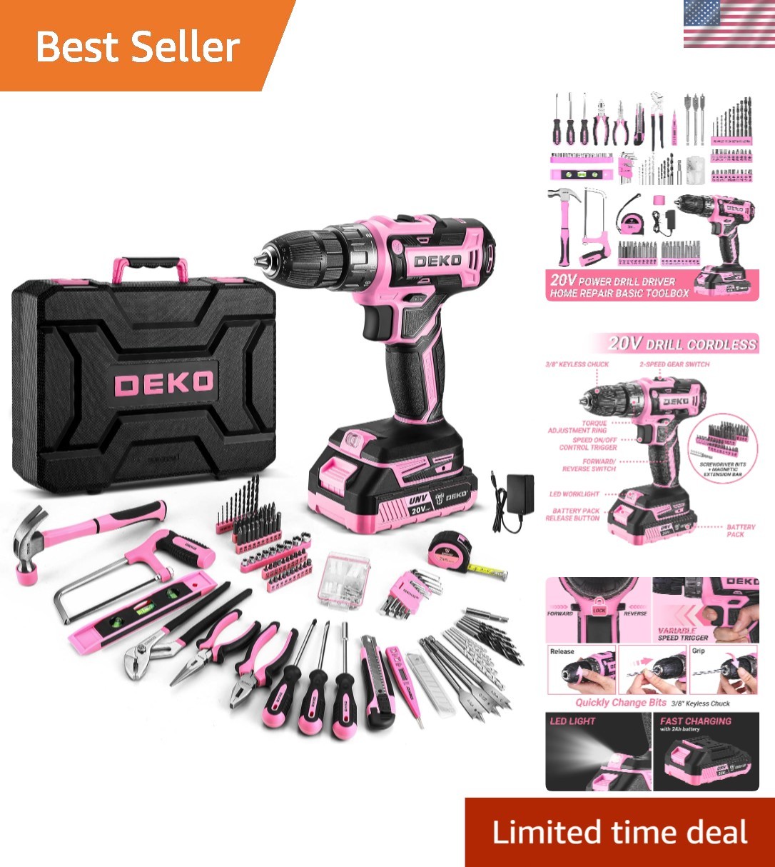 Power Drill Set Pink 20V Cordless Drill Tool Kit with Battery and Toolbox