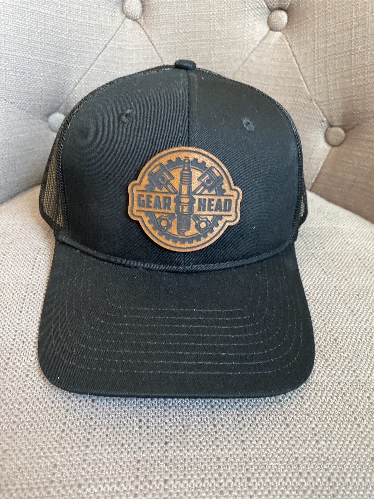 Gearhead Car Mechanic Leather patch on  Snapback Trucker Hat Cap