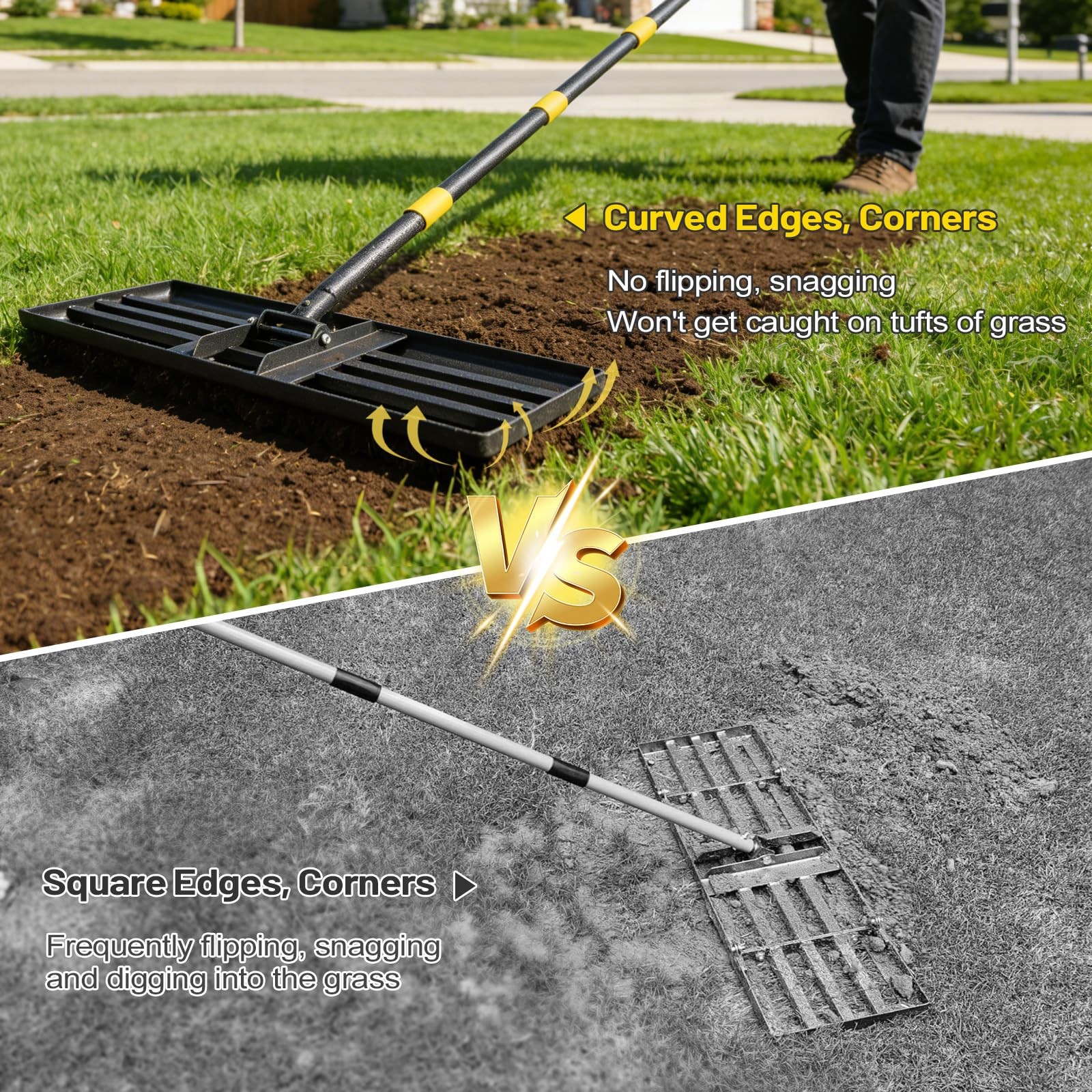 Lawn Leveling Rake with 72" Adjustable Handle for Grass, Soil & Golf Fields