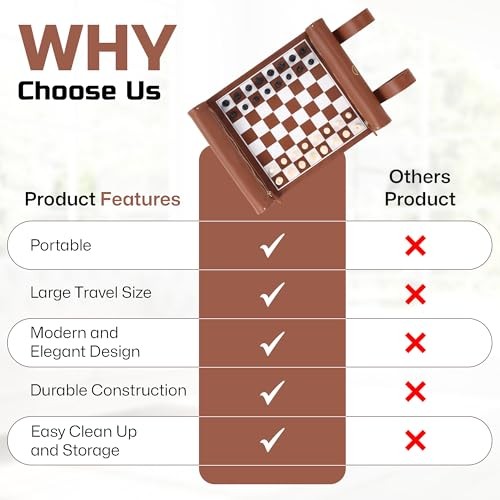 Roll Up Chess Set - Foldable Leather Chess Mat with Chess Pieces - Brown