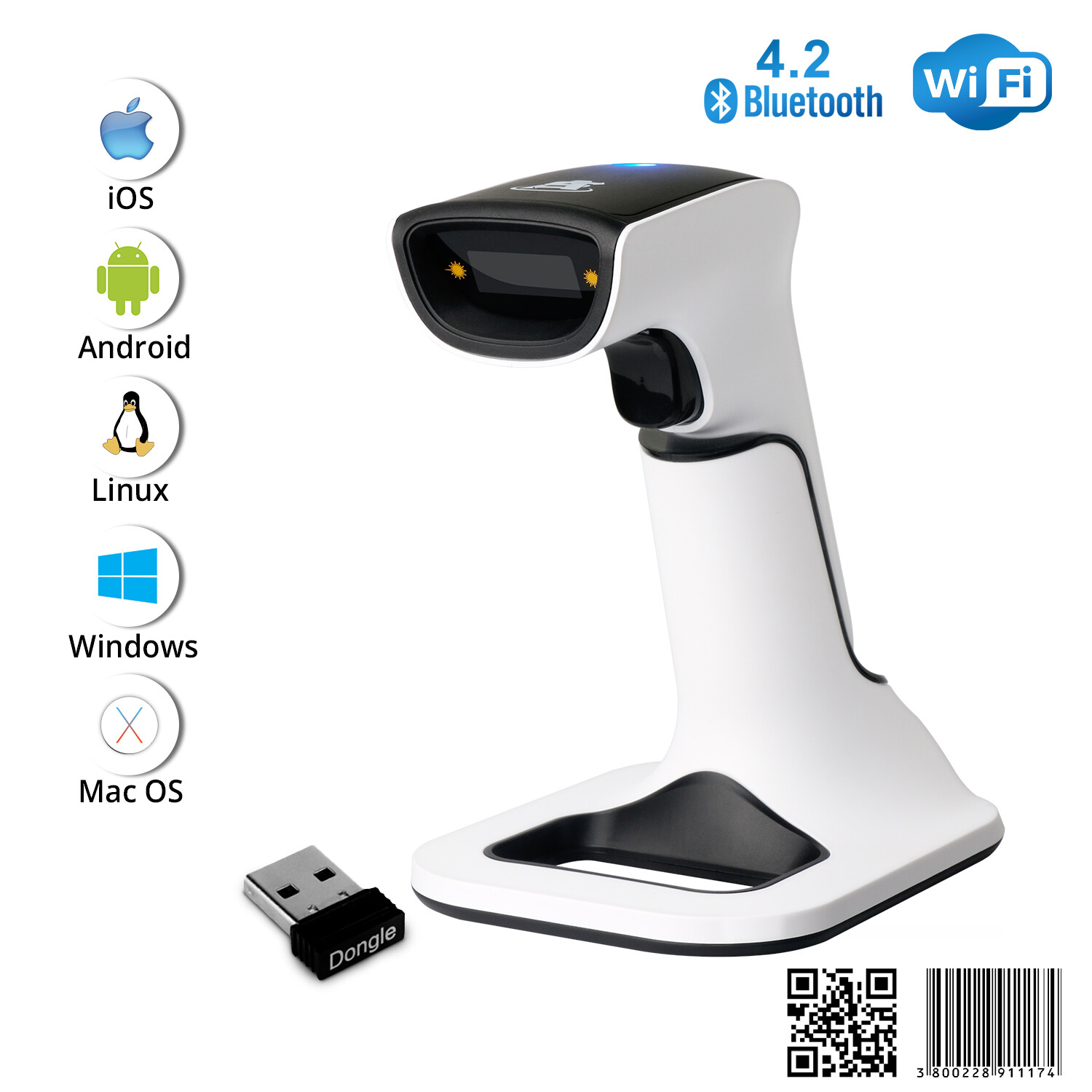 1D/2D Wireless Bluetooth Barcode Scanner: 3-in-1 with stand, USB QR Code Reader