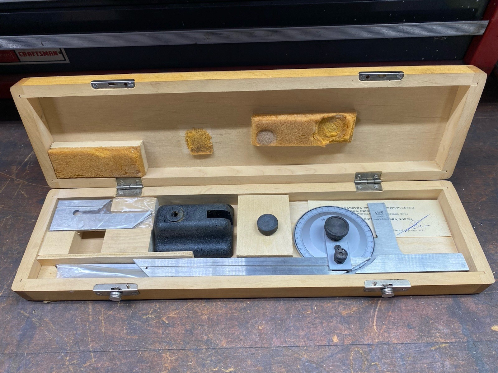 VIS BEVEL PROTRACTOR SET With Stand Machinist Tool Maker Wood Case POLAND Clean