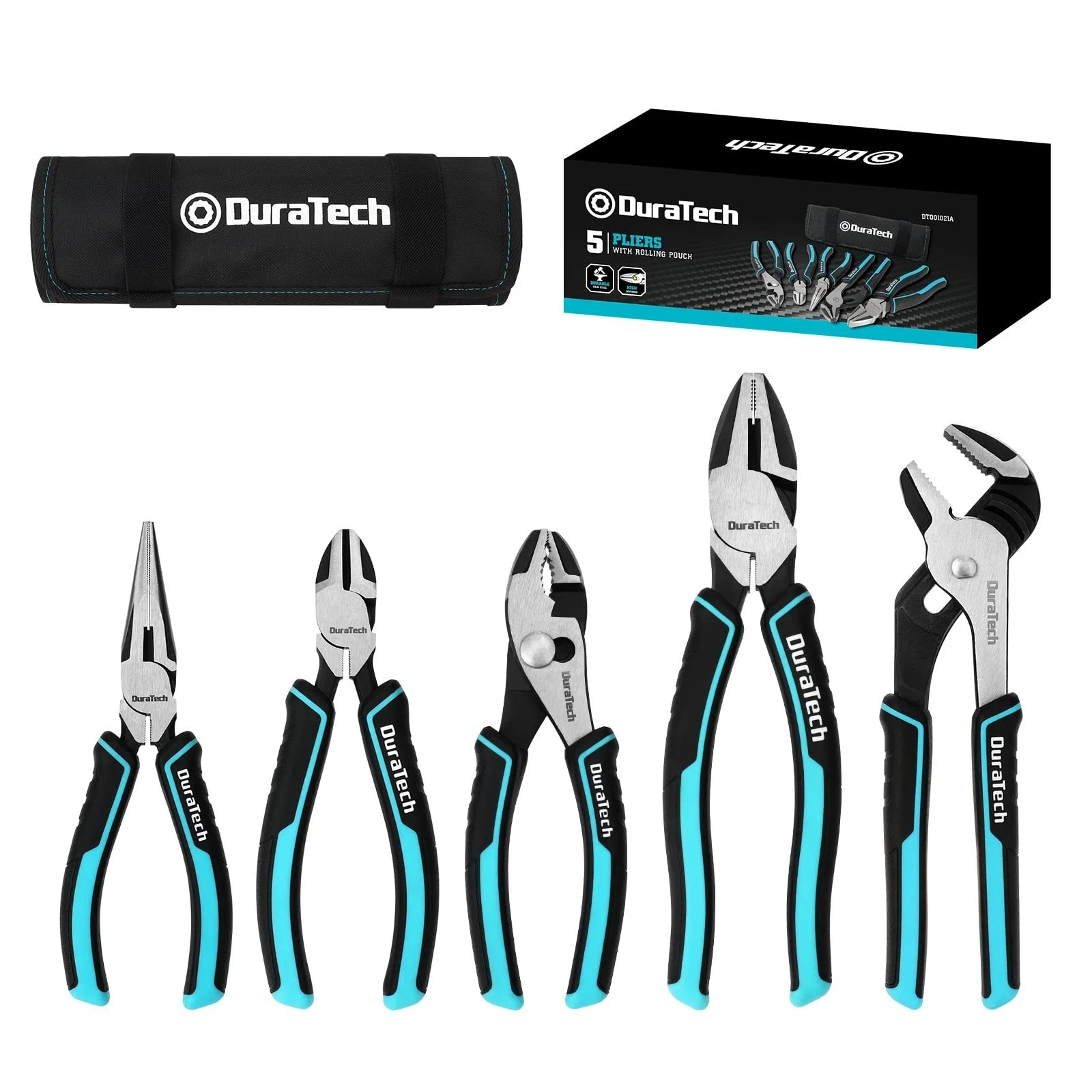 DURATECH 5-Piece Cr-Ni Pliers Set, Hand Tool Set with Storage Rolling Pouch | 6"