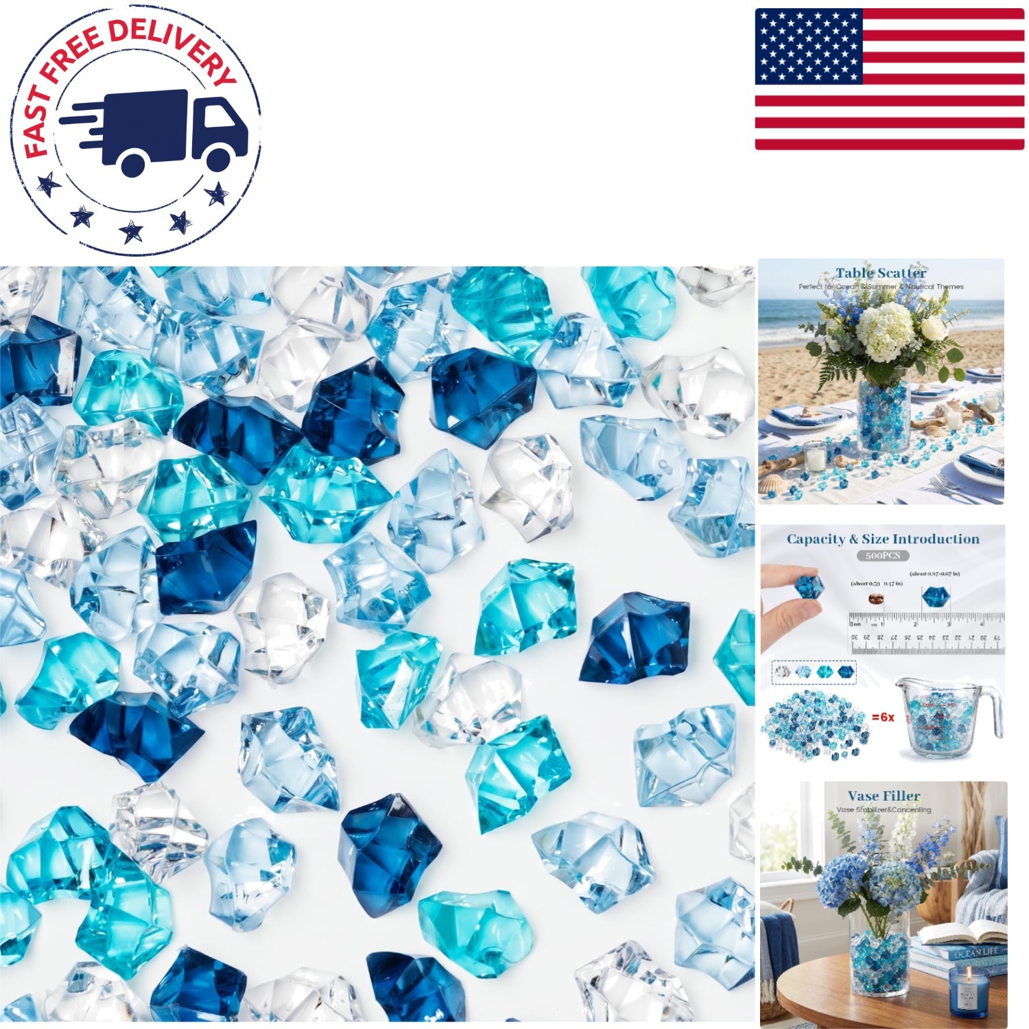 500PCS Large Blue Acrylic Ice Rocks - Perfect for Floral Stabilization & Crafts